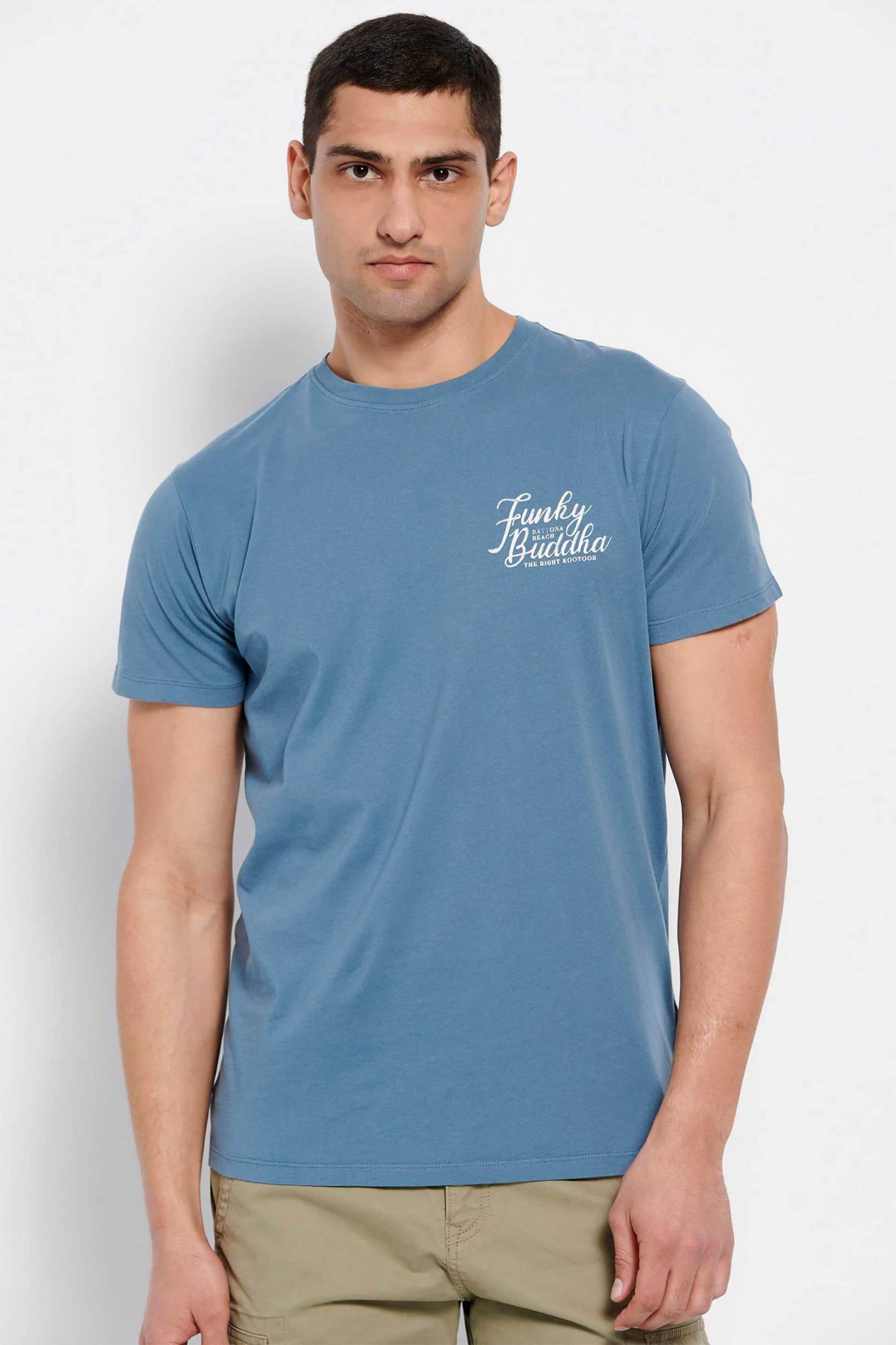 Ανδρική Μόδα > Ανδρικά Ρούχα > Ανδρικές Μπλούζες > Ανδρικά T-Shirts Funky Buddha ανδρικό βαμβακερό T-shirt μονόχρωμο με logo print στο στήθος - FBM007-027-04 Μπλε Ραφ