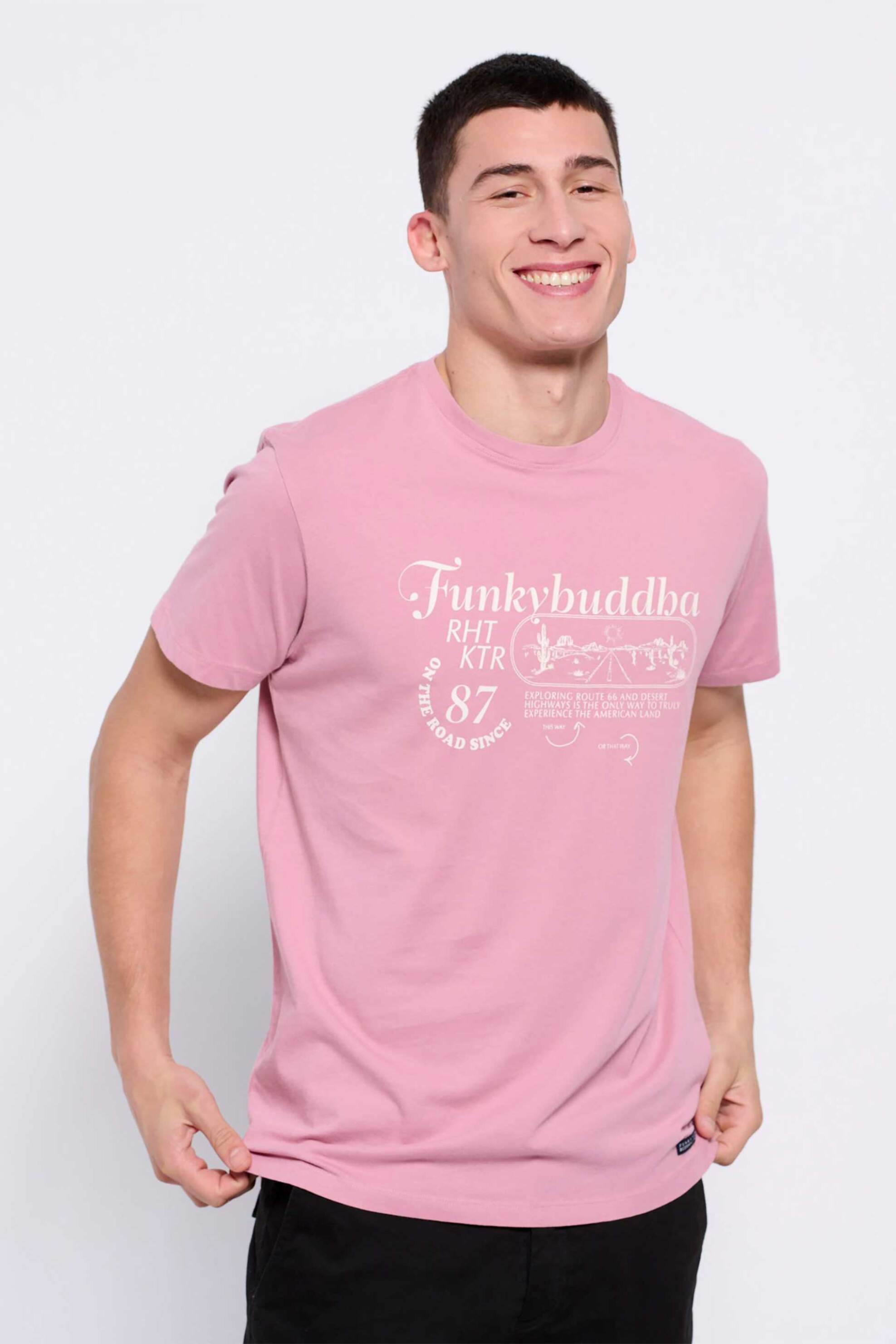 Ανδρική Μόδα > Ανδρικά Ρούχα > Ανδρικές Μπλούζες > Ανδρικά T-Shirts Funky Buddha ανδρικό βαμβακερό T-shirt μονόχρωμο με retro print μπροστά - FBM007-034-04 Ροζ