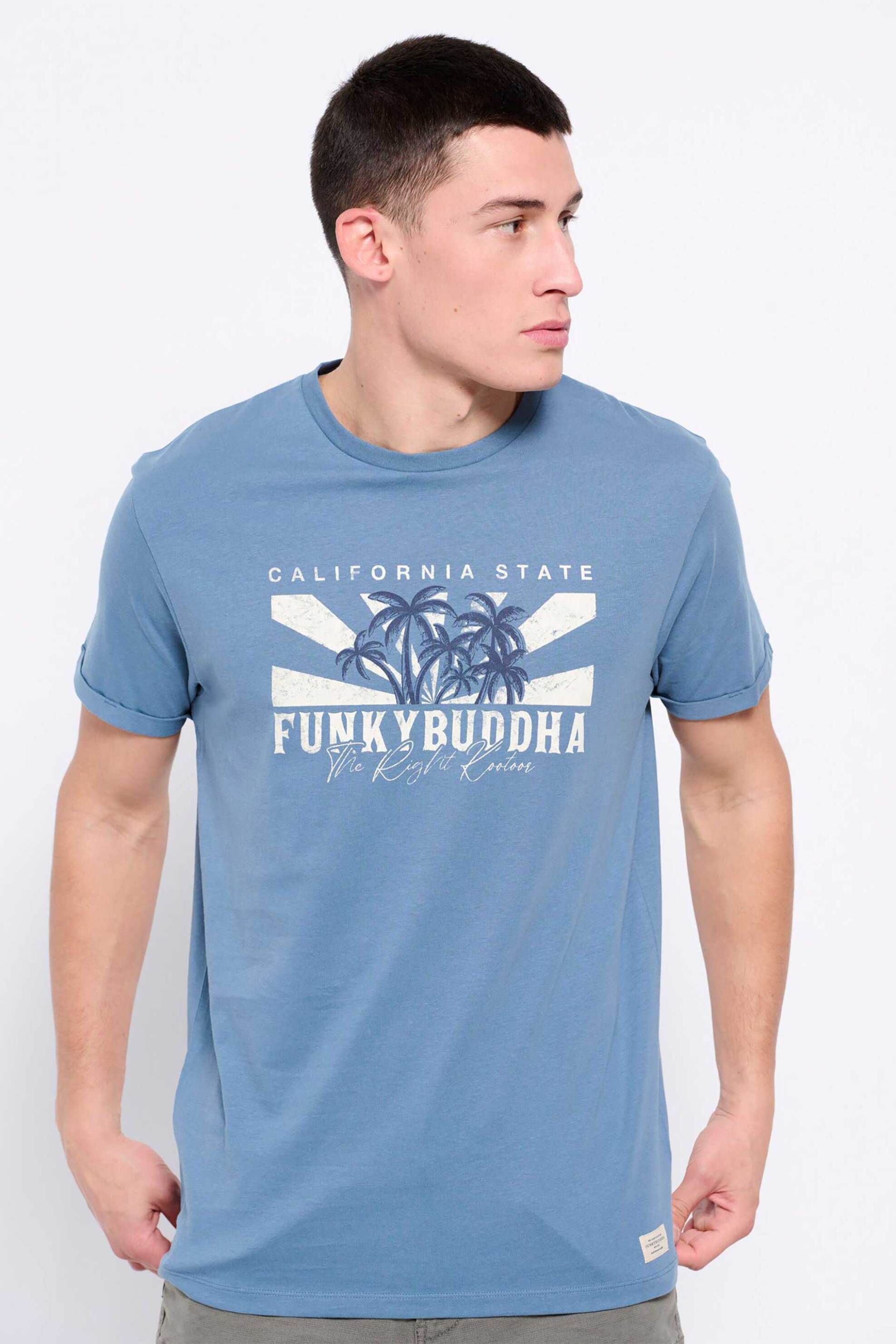 Ανδρική Μόδα > Ανδρικά Ρούχα > Ανδρικές Μπλούζες > Ανδρικά T-Shirts Funky Buddha ανδρικό βαμβακερό T-shirt μονόχρωμο με vintage-look logo print μπροστά - FBM007-040-04 Γκρι Γαλάζιο