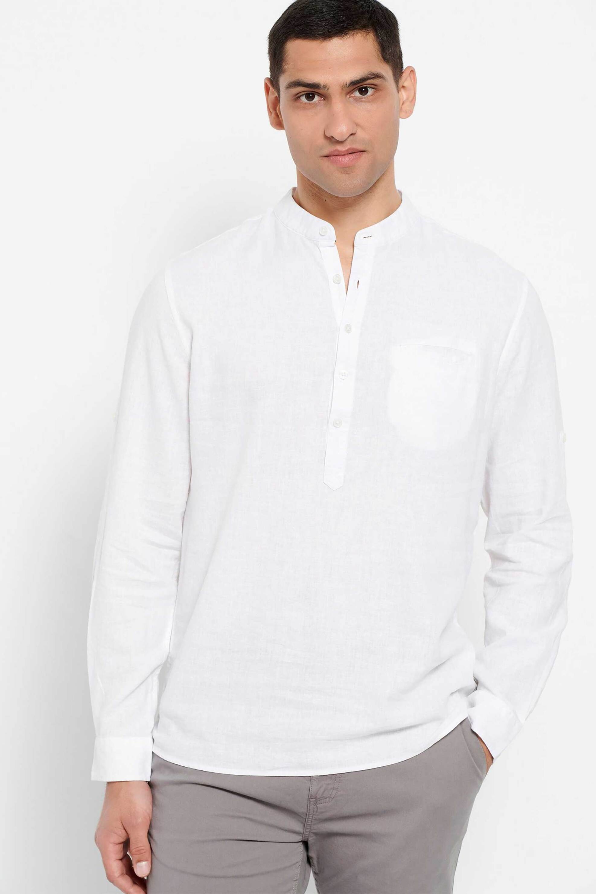 Ανδρική Μόδα > Ανδρικά Ρούχα > Ανδρικές Μπλούζες > Ανδρικές Μπλούζες Μακρυμάνικες Funky Buddha ανδρική μπλούζα από λινό μονόχρωμη με logo patch - FBM007-078-05 Λευκό