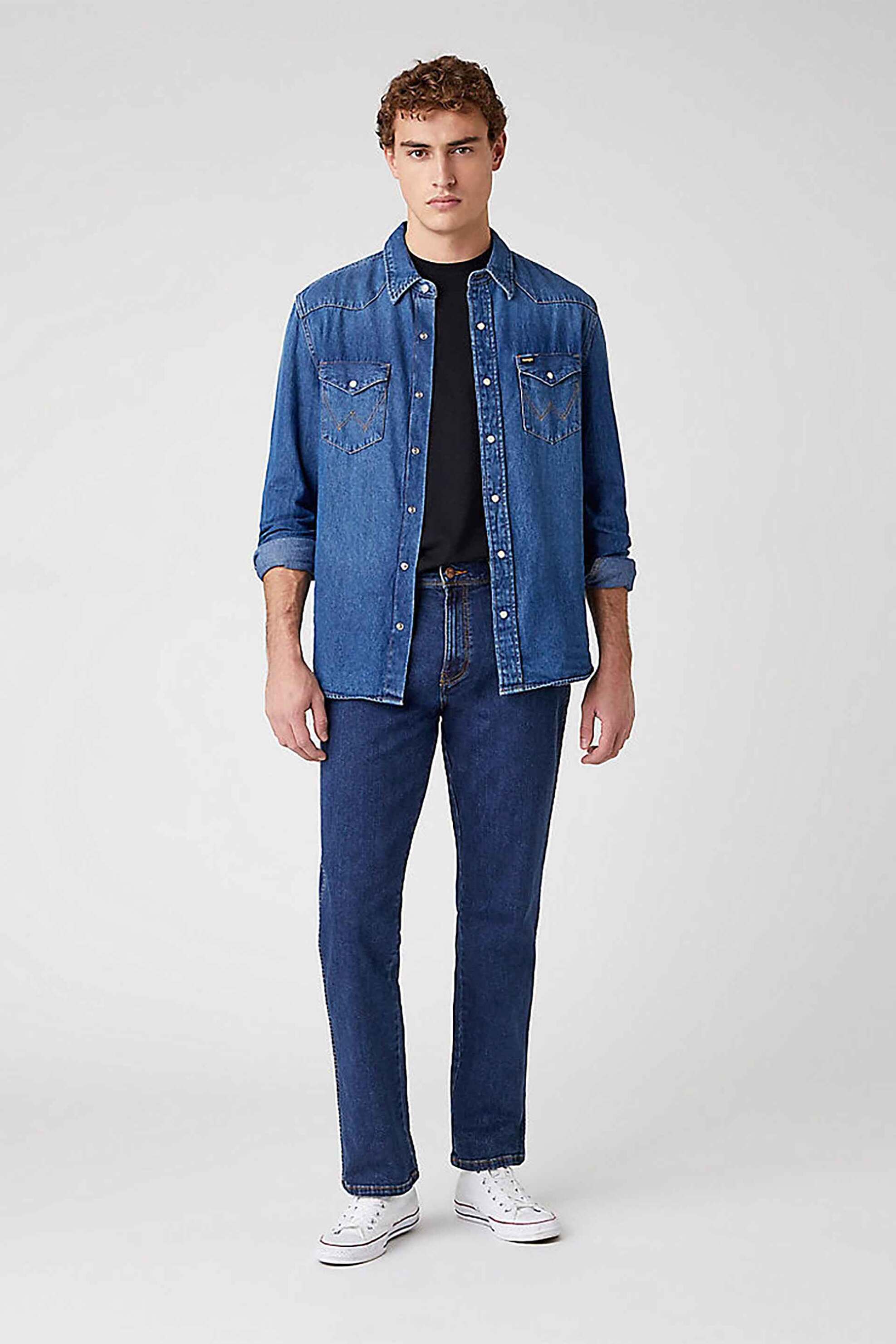 Wrangler® ανδρικό τζιν παντελόνι μονόχρωμο με ραφές σε σχήμα W "Texas" - W12133009 Denim Blue Σκούρο