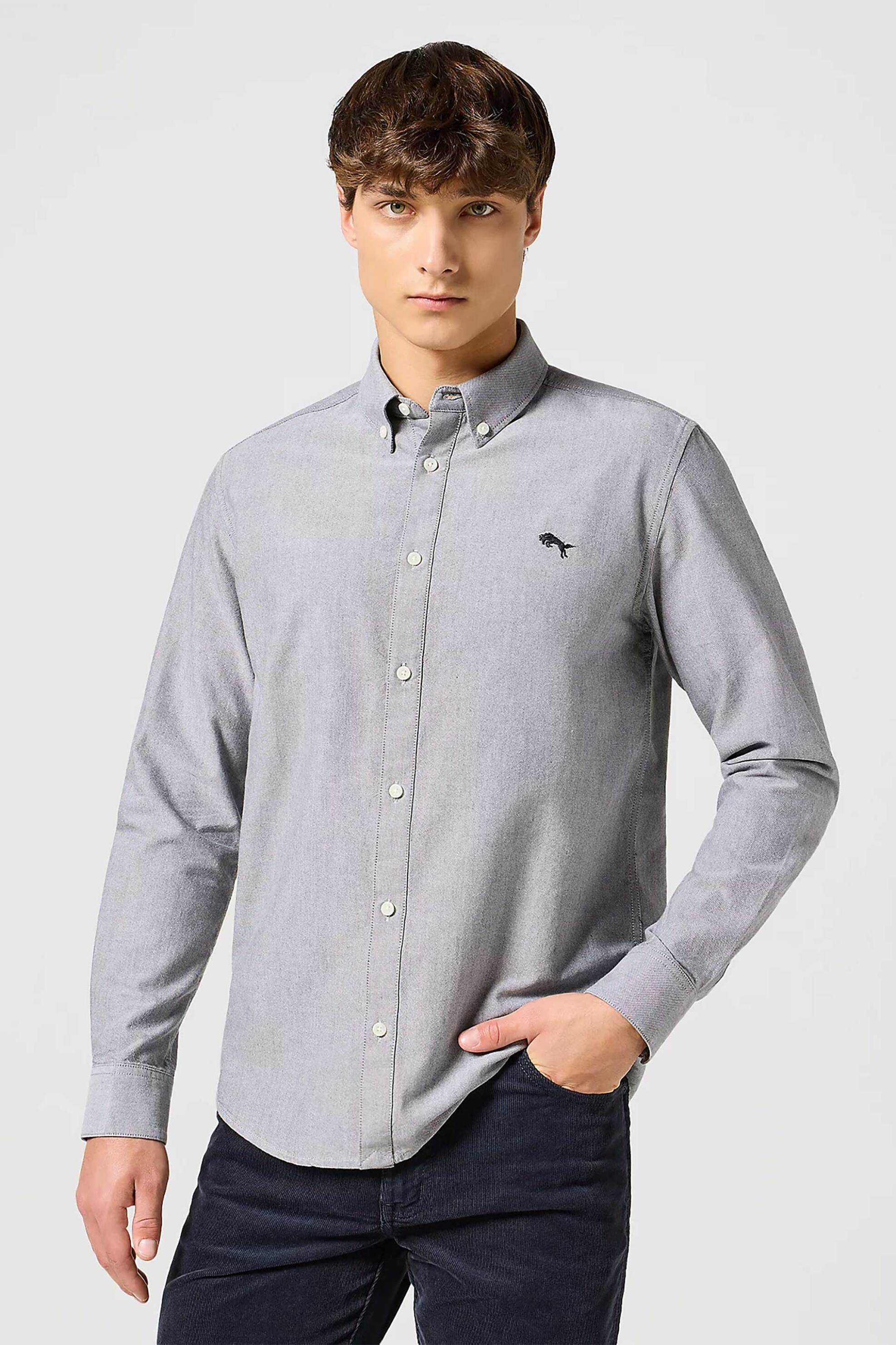 Wrangler® ανδρικό πουκάμισο oxford button down με κεντημένο logo - 112357230-** Γκρι