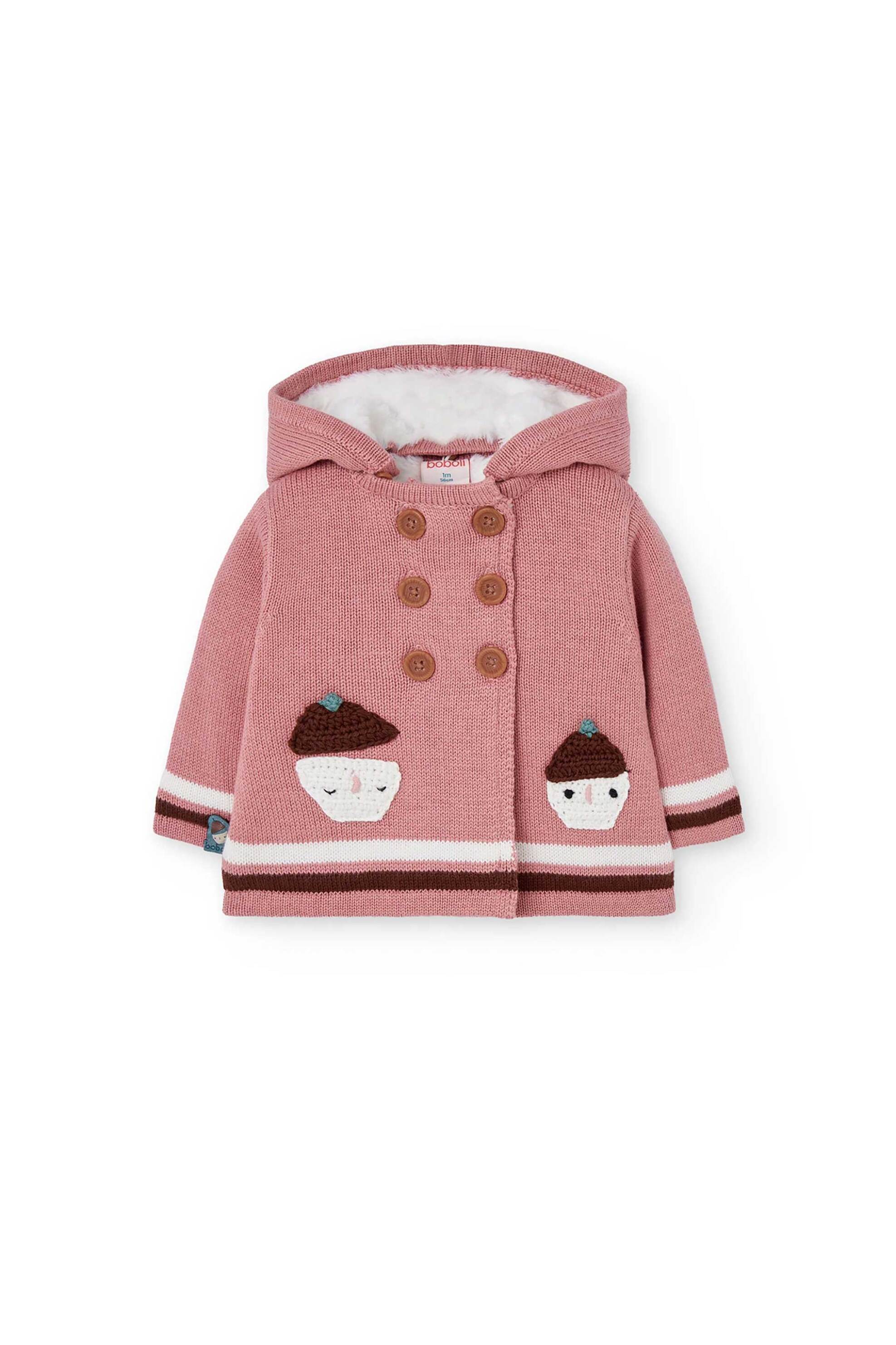 Boboli βρεφική πλεκτή ζακέτα με κεντήματα και κουκούλα με επένδυση από faux γούνα - 142120 Ροζ φωτογραφία