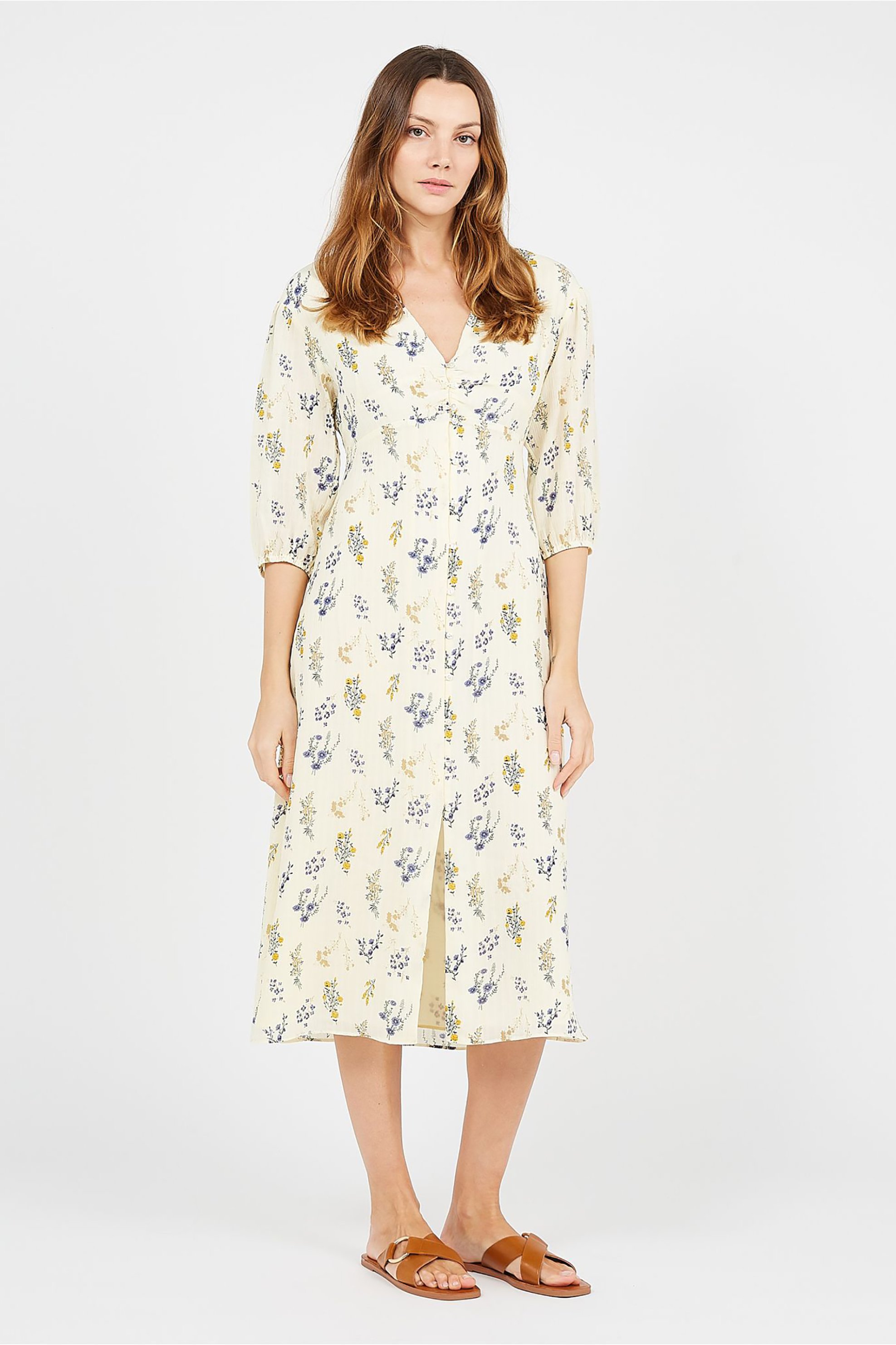 BA&SH ba&sh γυναικείο midi φόρεμα σεμιζιέ με floral print "Aris" - 1E22ARIS Εκρού