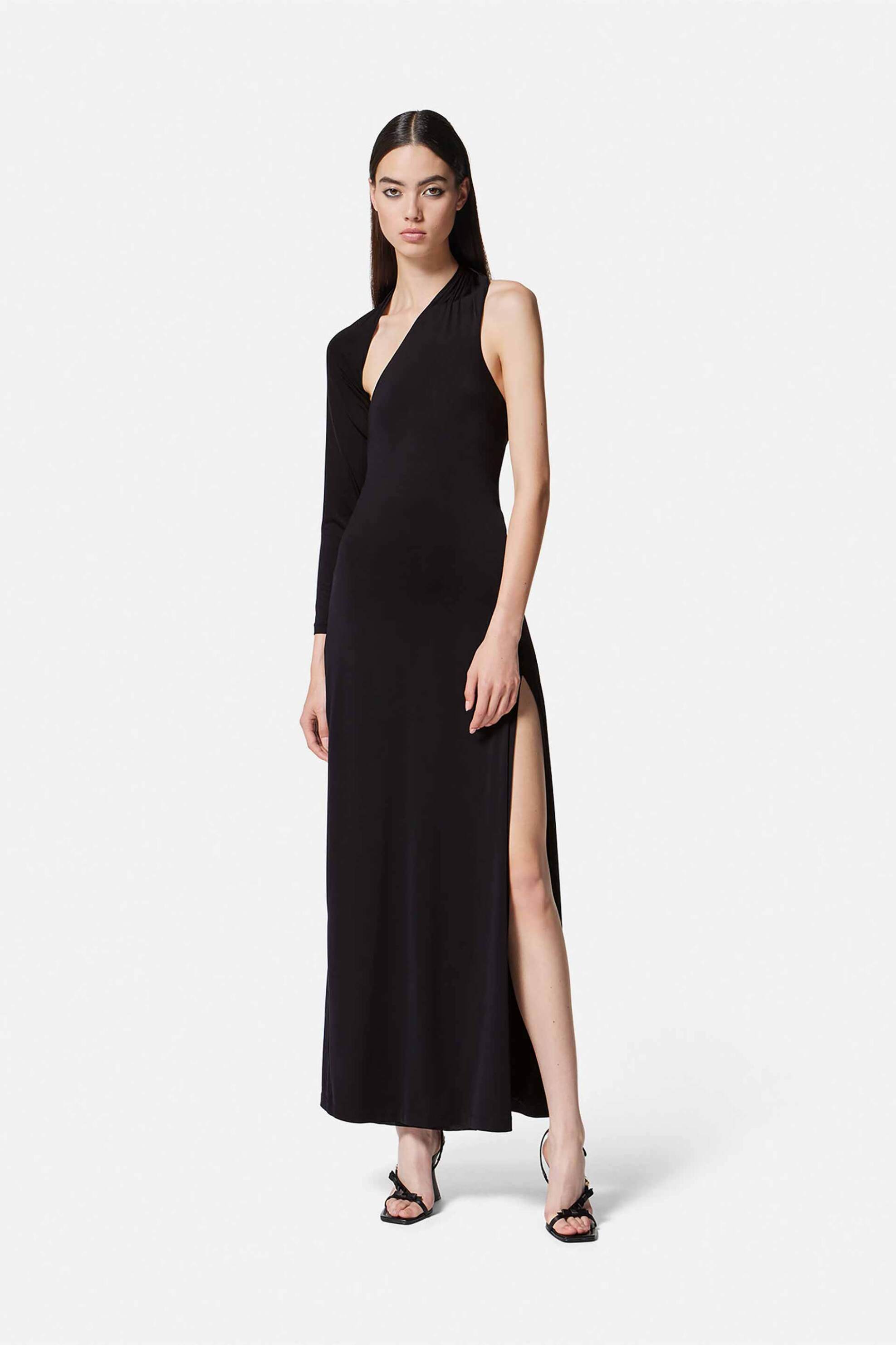 VERSACE JEANS COUTURE Versace Jeans Couture γυναικείο maxi φόρεμα μονόχρωμο με σκίσιμο στο πλάι και ανοιχτή πλάτη - 74HAO918J0049 Μαύρο