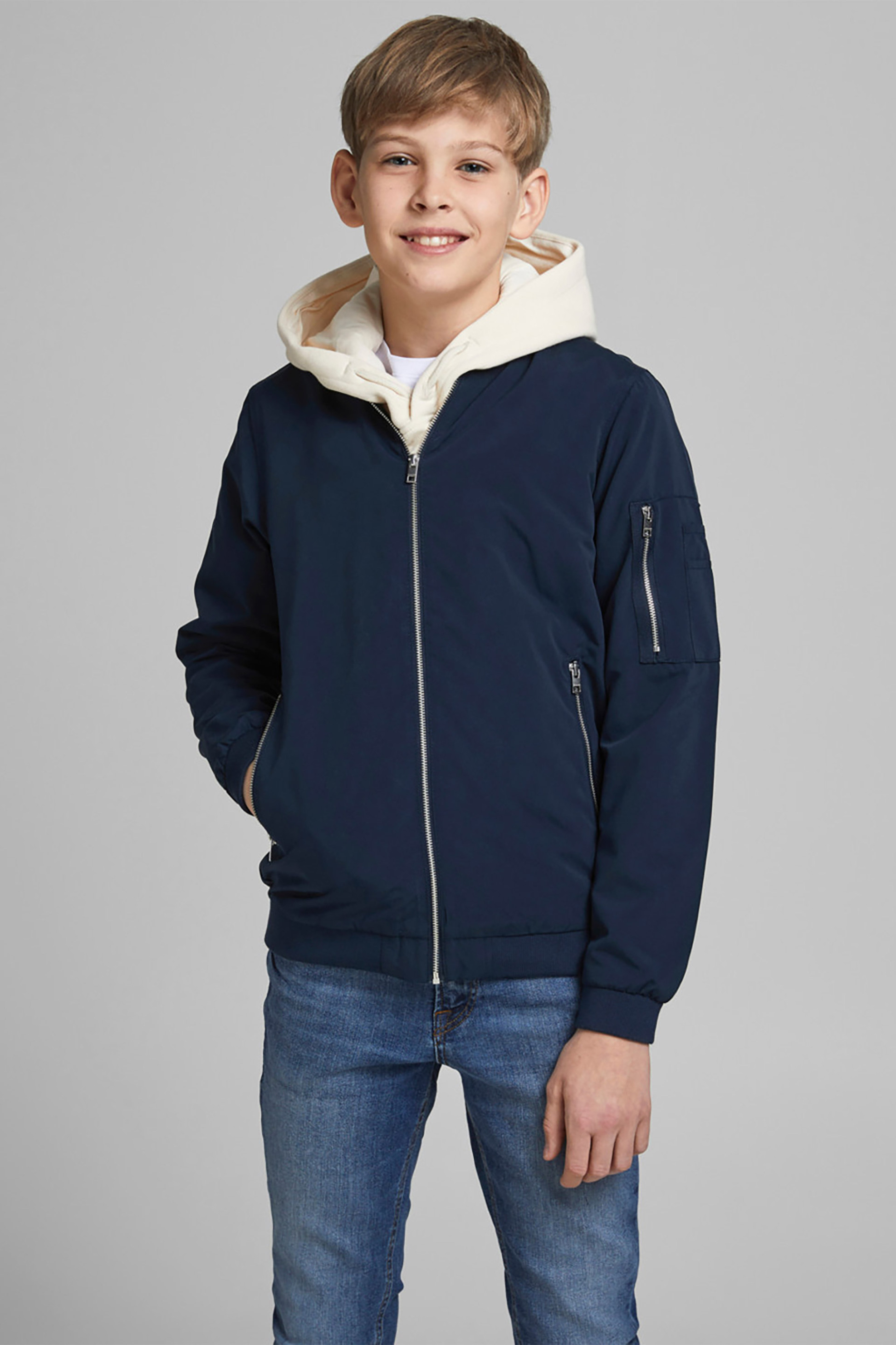 JACK & JONES παιδικό bomber jacket μονόχρωμο με τσέπη με φερμουάρ στο μανίκι - 12182385 Μπλε Σκούρο