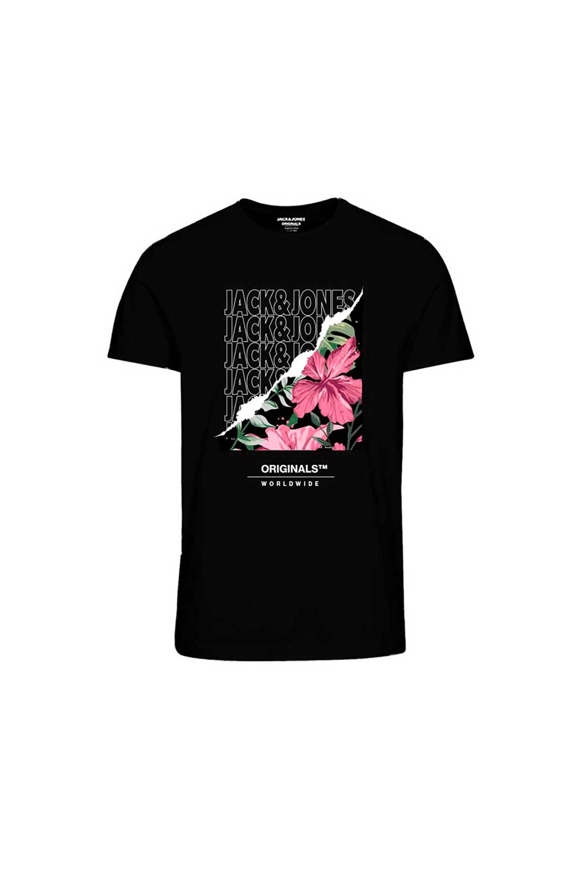 JACK & JONES παιδικό T-shirt με graphic tropical logo print και στρογγυλή λαιμόκοψη (8-16 ετών) - 12234441 Μαύρο