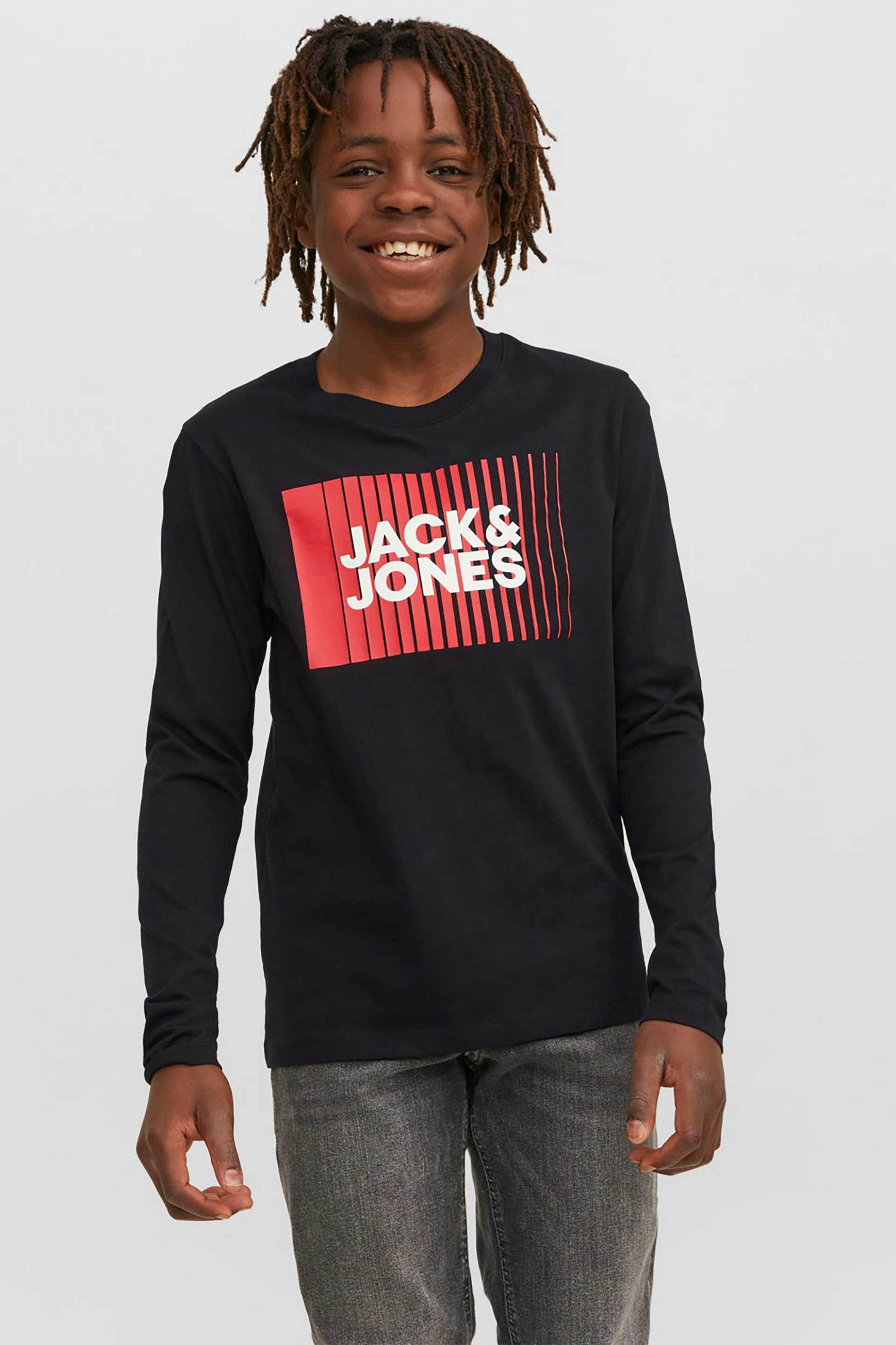 JACK & JONES παιδική βαμβακερή μπλούζα μονόχρωμη με contrast logo print - 12244209 Μαύρο