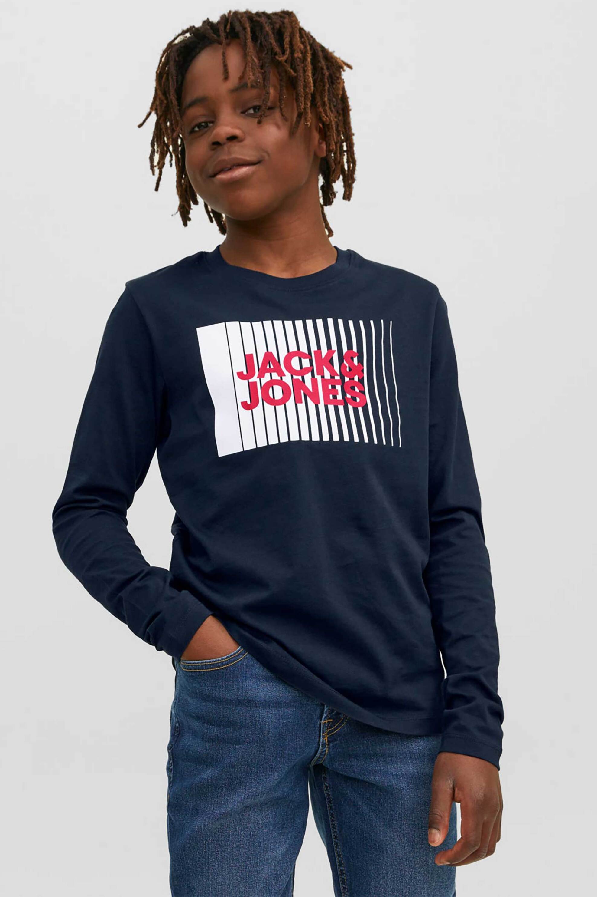 JACK & JONES παιδική βαμβακερή μπλούζα μονόχρωμη με contrast logo print - 12244209 Σκούρο Μπλε