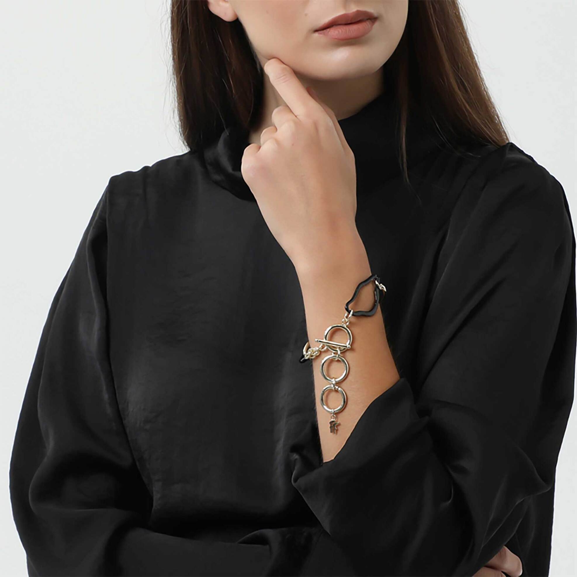 Folli Follie γυναικείο δίχρωμο βραχιόλι με μαύρο ακανόνιστο κρίκο "The Chain Addiction" - 1B22D029YK Χρυσό φωτογραφία