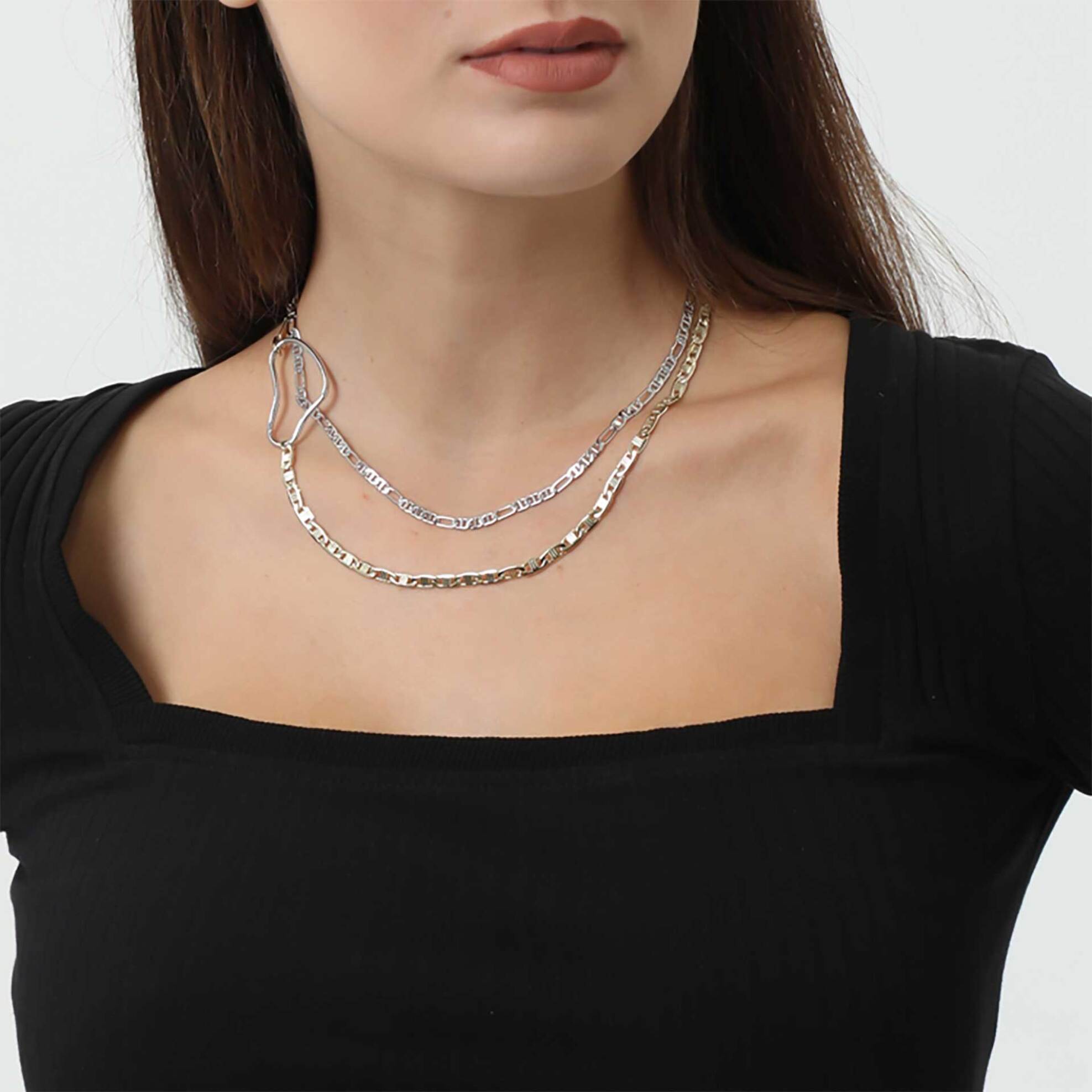 Folli Follie γυναικείο δίχρωμο διπλό κολιέ αλυσίδα με κρίκο "The Chain Addiction" - 1N22D050Y Χρυσό φωτογραφία