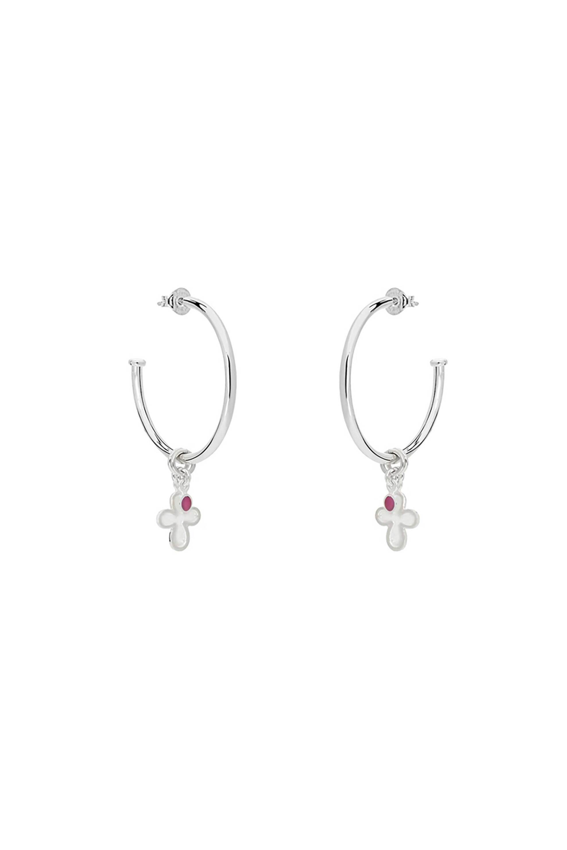  Folli Follie γυναικείοι μεσαίοι ασημένιοι κρίκοι με charms σταυρός και μωβ στρογγυλό 