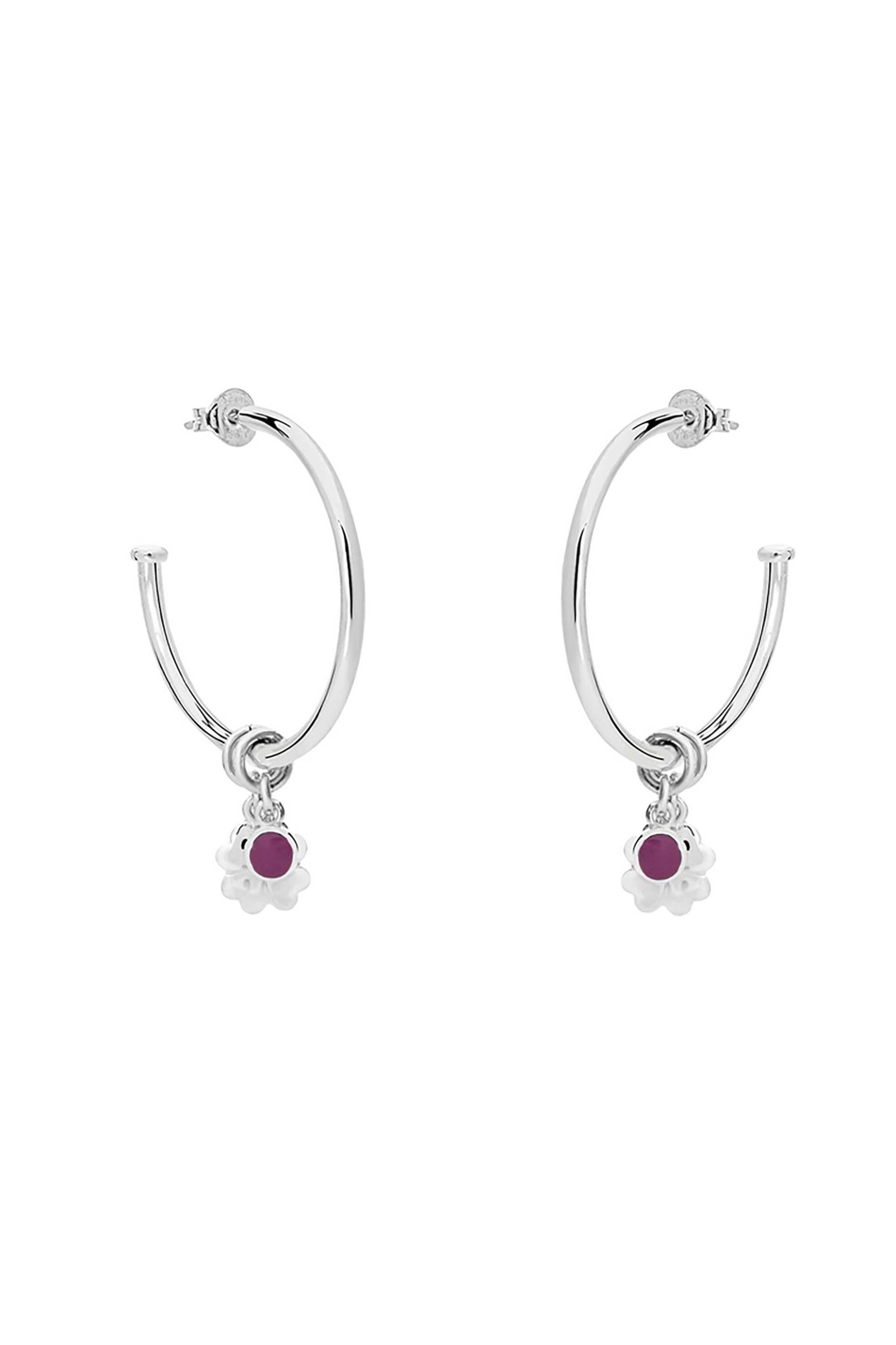 Folli Follie γυναικείοι μεγάλοι ασημένιοι κρίκοι με charms H4H και μωβ στρογγυλό 