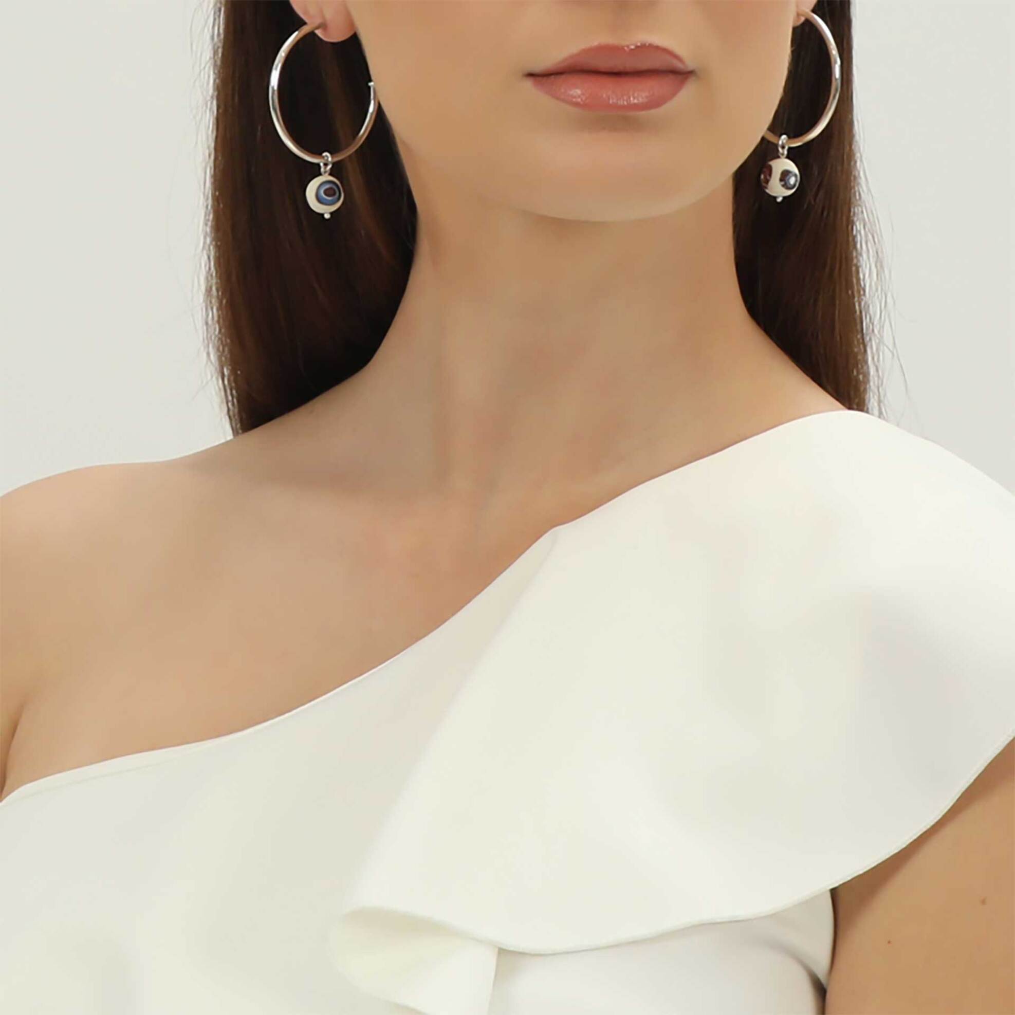 Folli Follie γυναικείοι μεγάλοι ασημένιοι κρίκοι με χάντρα "Memory Beat" - 3E23S020M Ασημί φωτογραφία