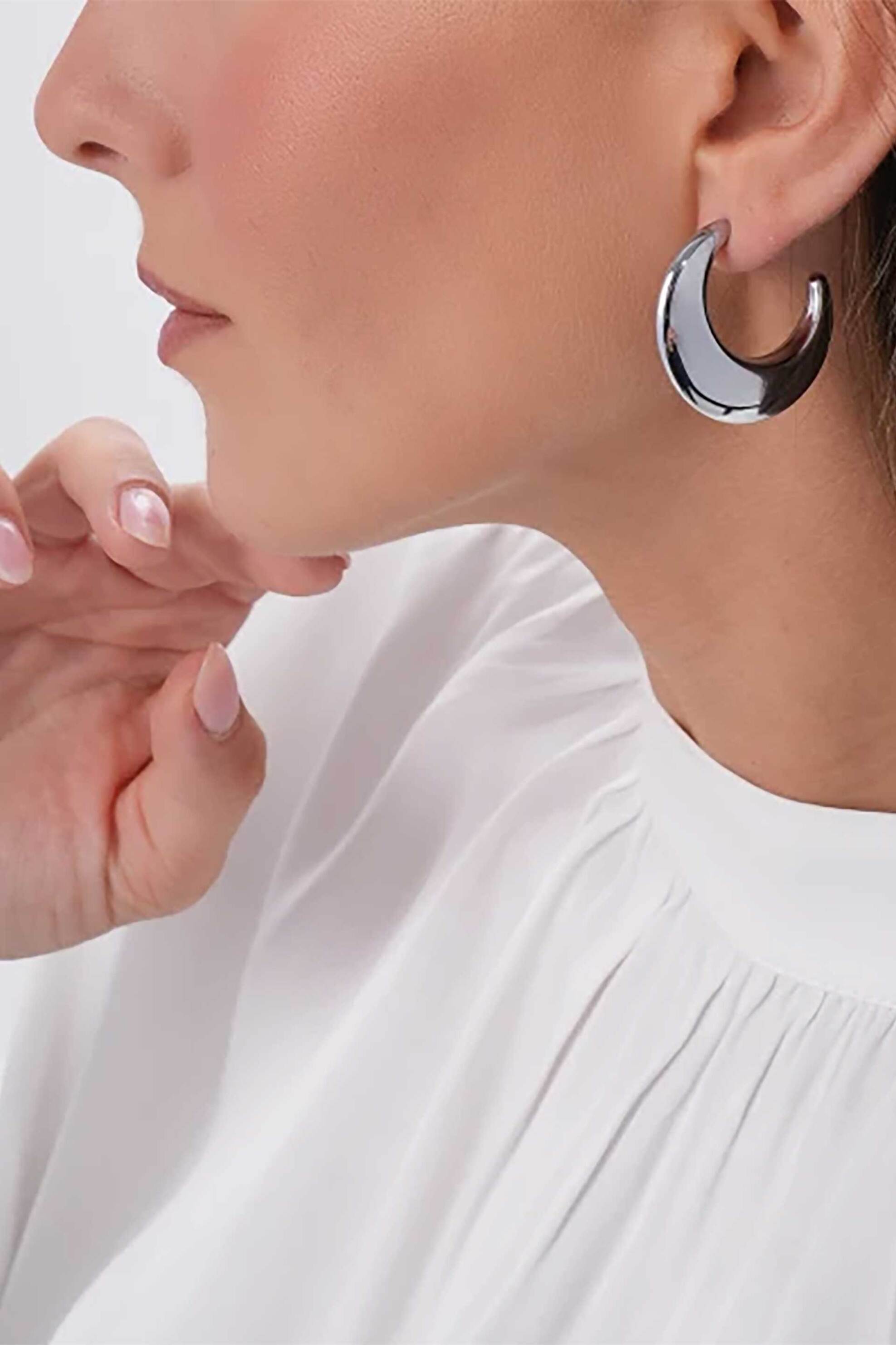 Folli Follie γυναικεία ασημί σκουλαρίκια κρίκοι σε σχήμα μισοφέγγαρο "Hoops!" - 1E24F117 Ασημί φωτογραφία