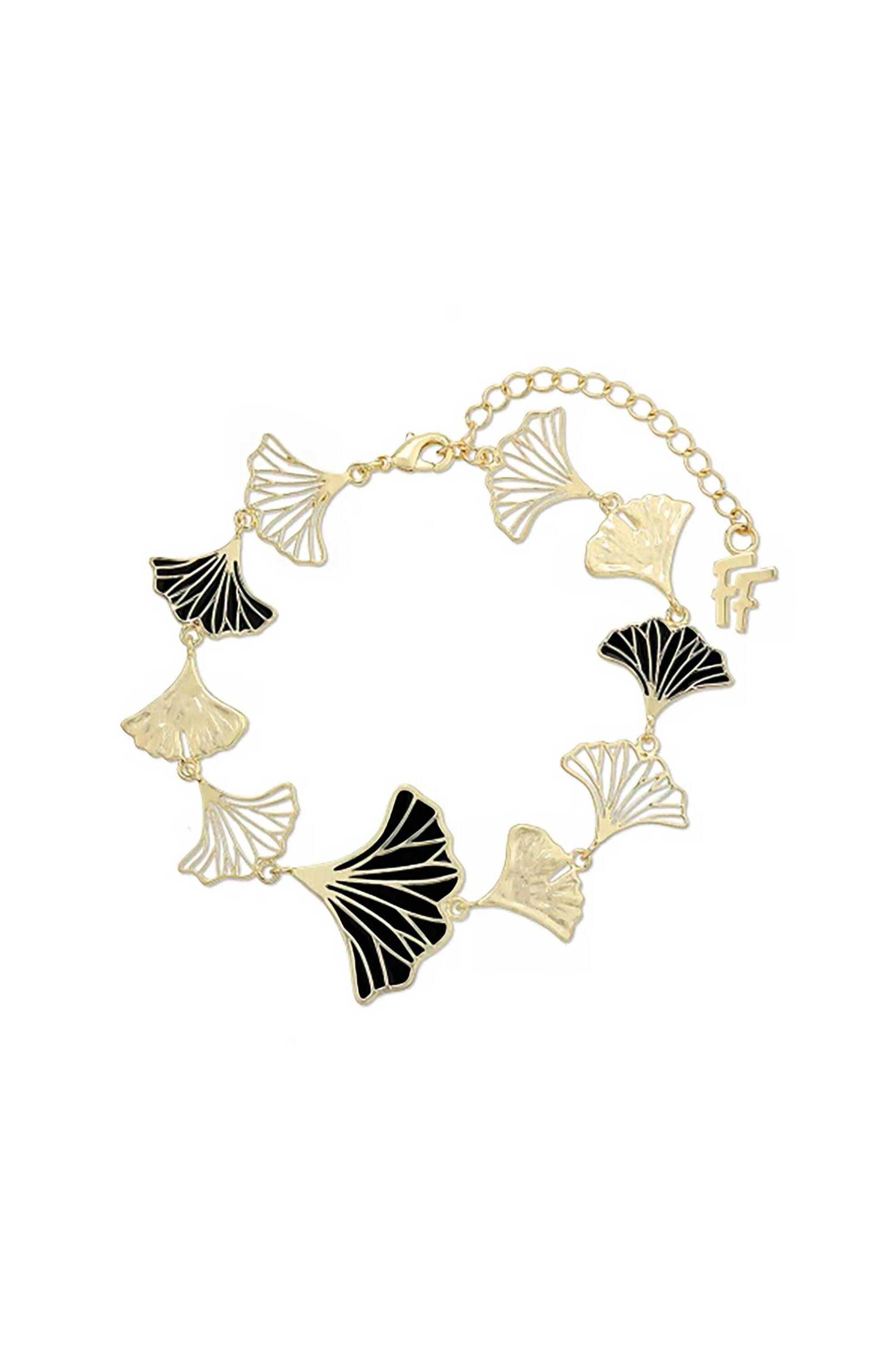 FOLLI FOLLIE Folli Follie γυναικείο επίχρυσο βραχιόλι αλυσίδα με μοτίφ και μαύρο σμάλτο "Mystic Petals" - 1B24D089YK Χρυσό