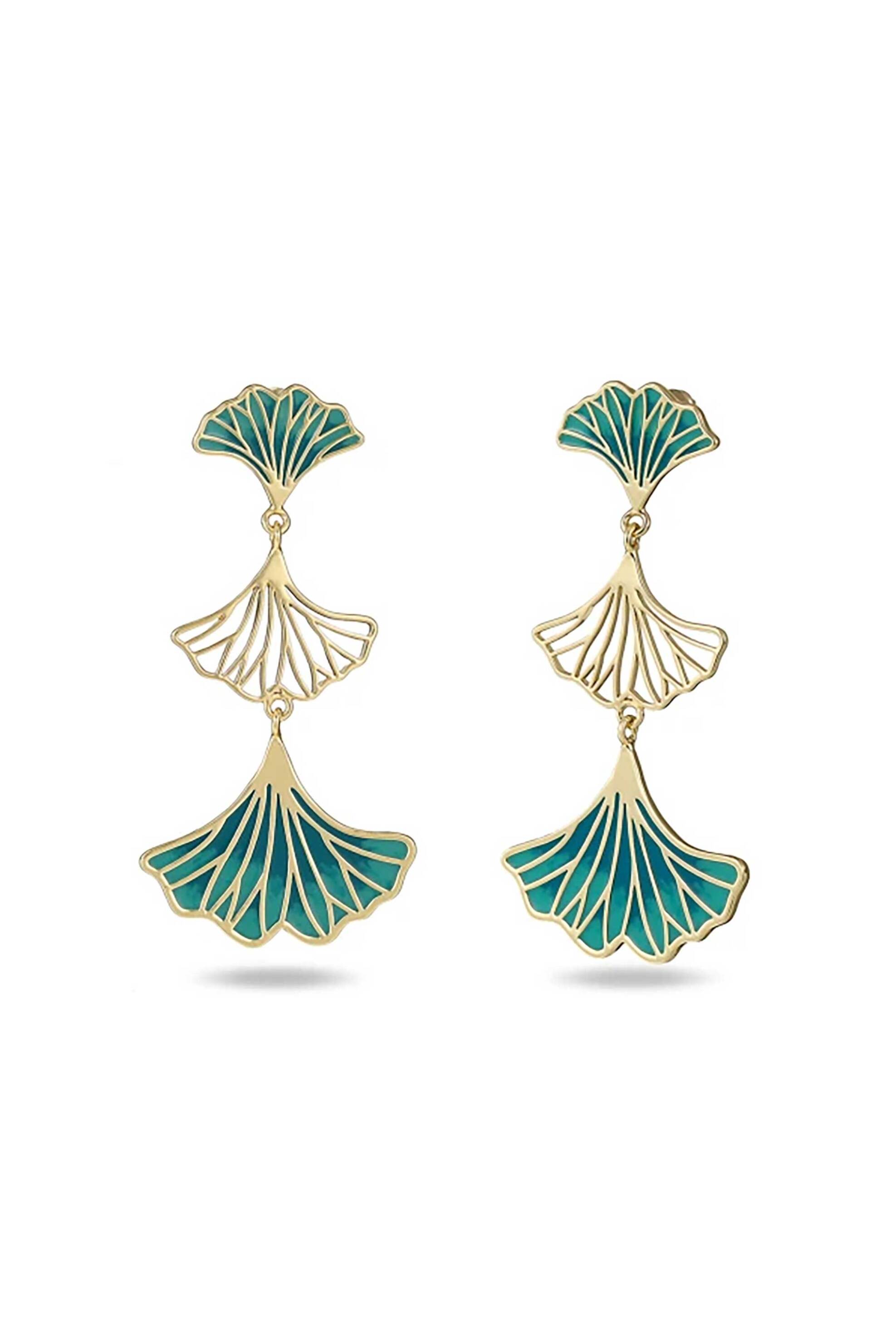 Folli Follie γυναικεία επίχρυσα μακριά σκουλαρίκια με μοτίφ και πράσινο σμάλτο "Mystic Petals" - 1E24D149YE Πράσινο