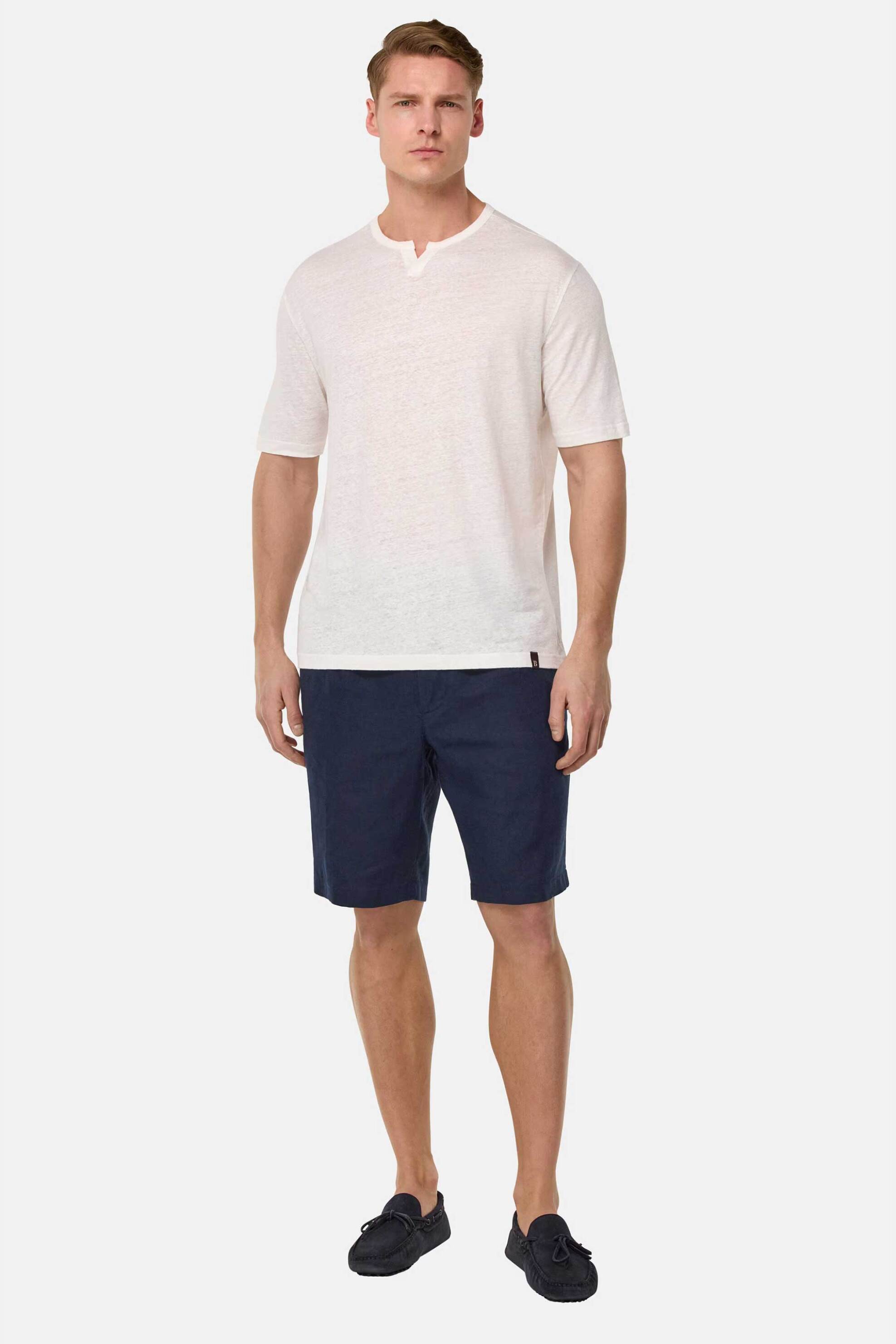 Boggi Milano ανδρική λινή βερμούδα μονόχρωμη Regular Fit - BO25P035901 Μπλε Σκούρο