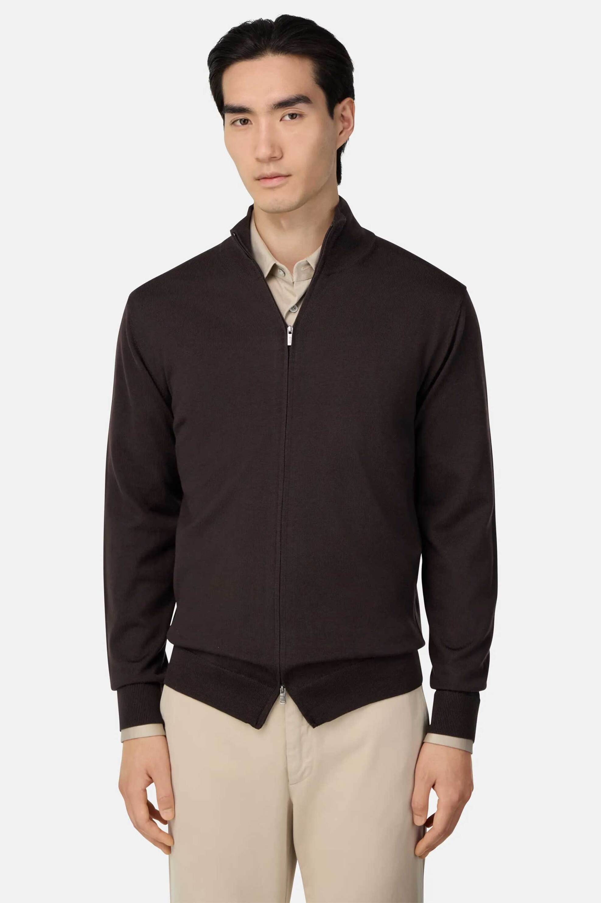 Boggi Milano ανδρική μάλλινη πλεκτή ζακέτα μονόχρωμη - BO25A038604 Καφέ