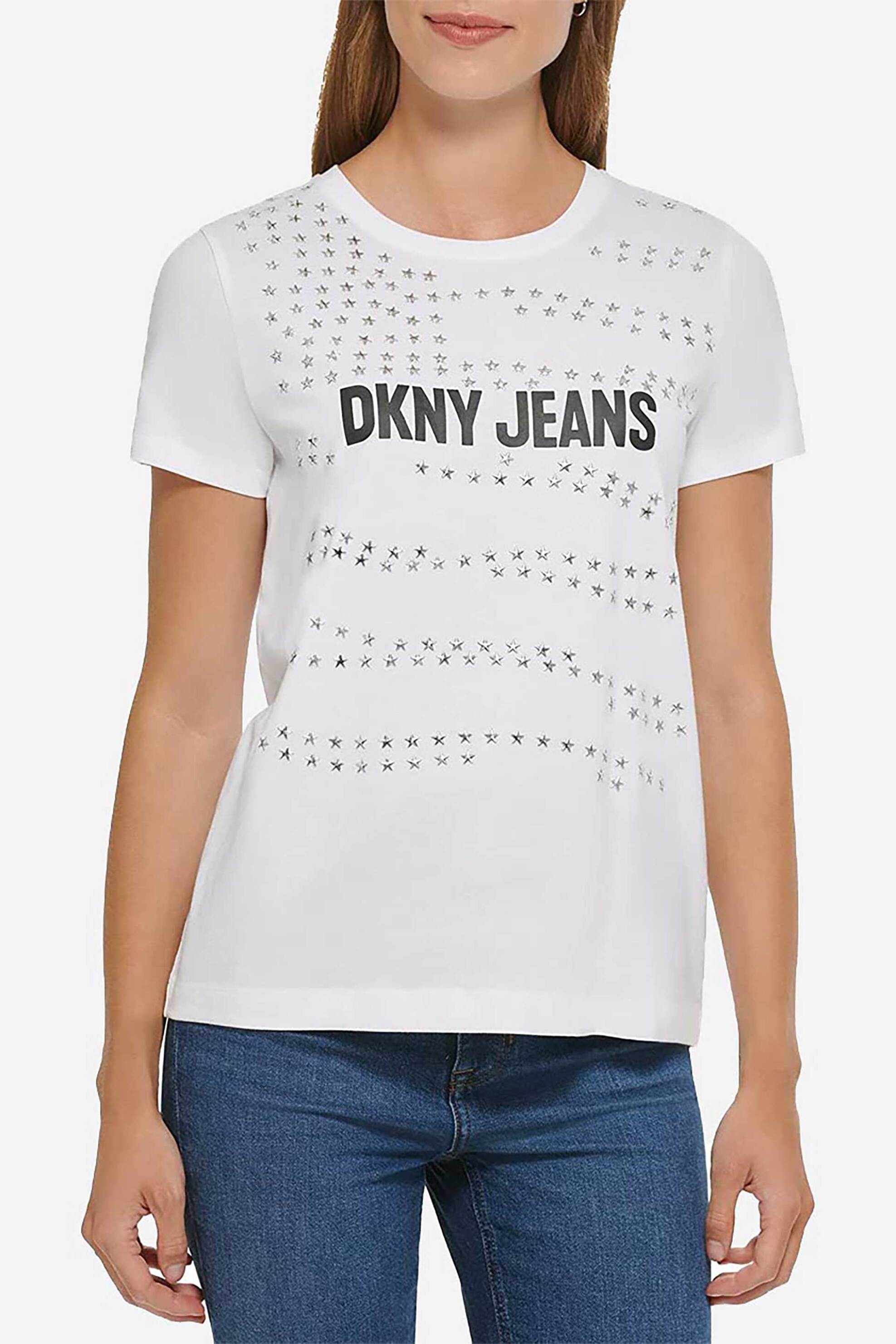DKNY γυναικείο T-shirt μονόχρωμο με contrast logo print και ανάγλυφα αστέρια - E2KFYDNA Λευκό