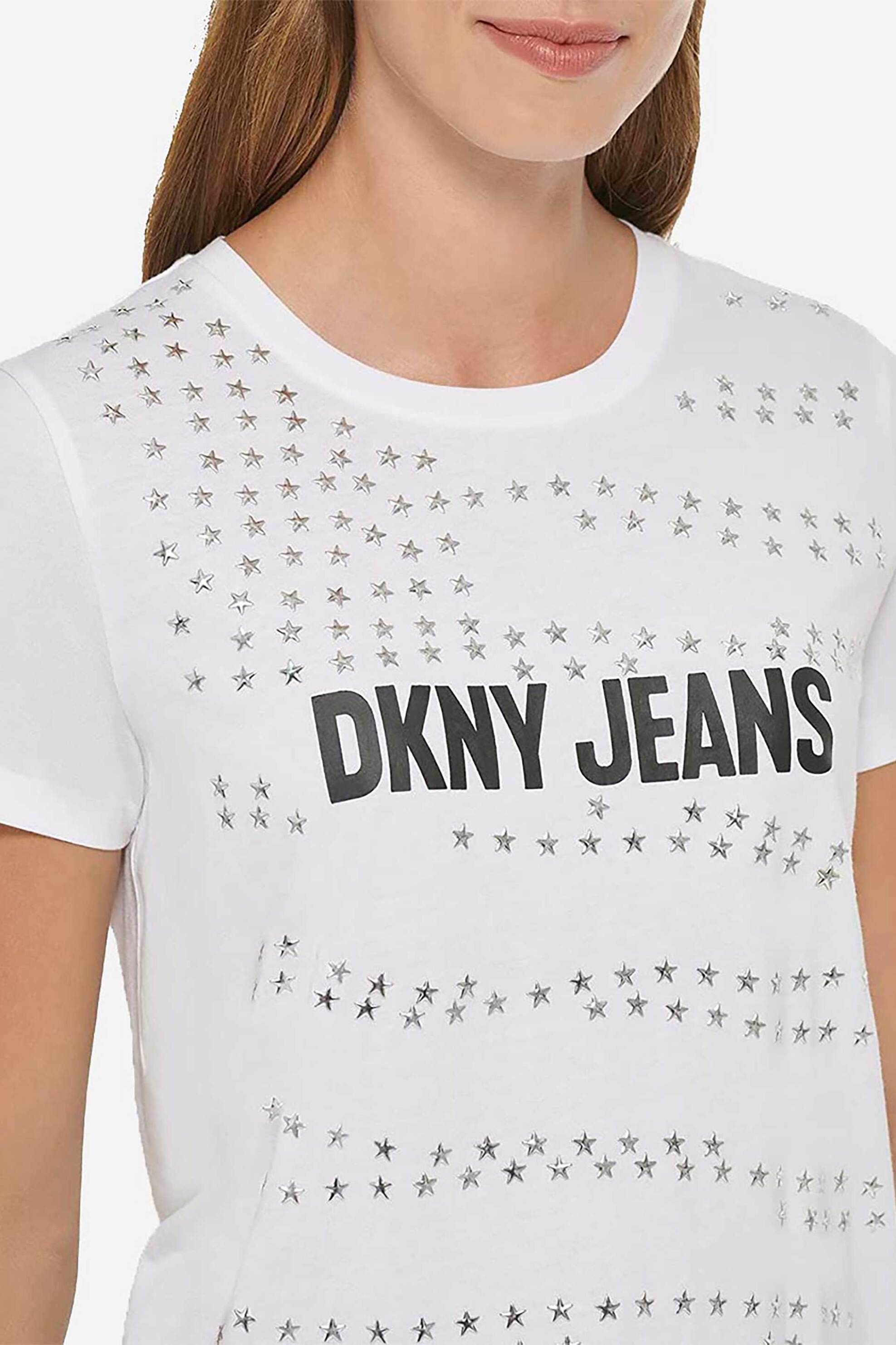 DKNY γυναικείο T-shirt μονόχρωμο με contrast logo print και ανάγλυφα αστέρια - E2KFYDNA Λευκό