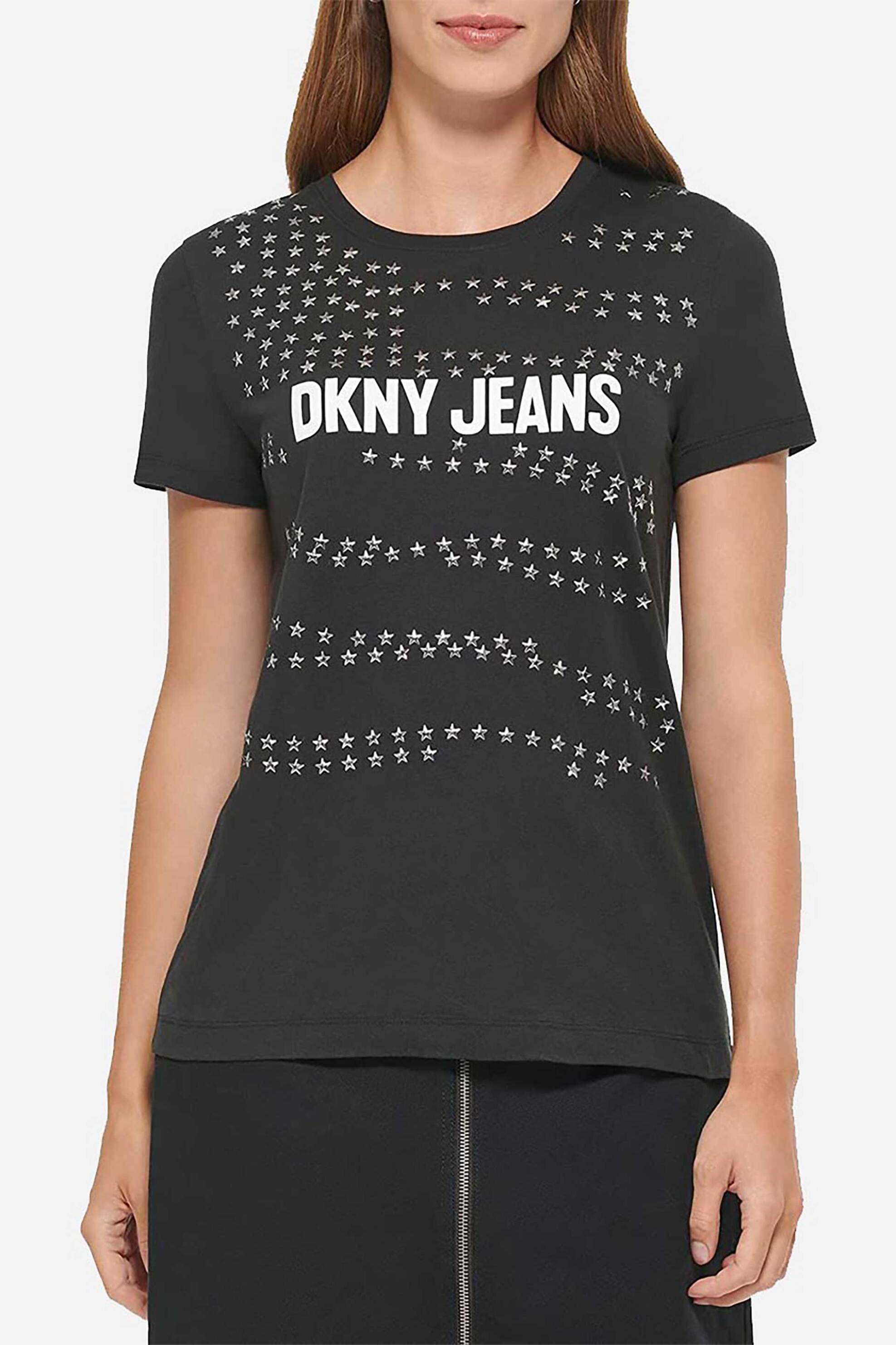 DKNY γυναικείο T-shirt μονόχρωμο με contrast logo print και ανάγλυφα αστέρια - E2KFYDNA Μαύρο