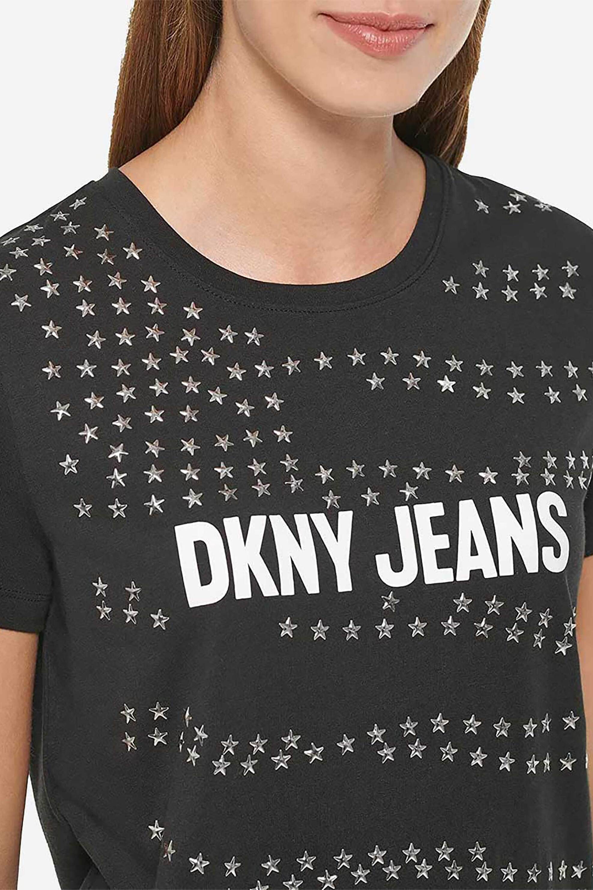 DKNY γυναικείο T-shirt μονόχρωμο με contrast logo print και ανάγλυφα αστέρια - E2KFYDNA Μαύρο