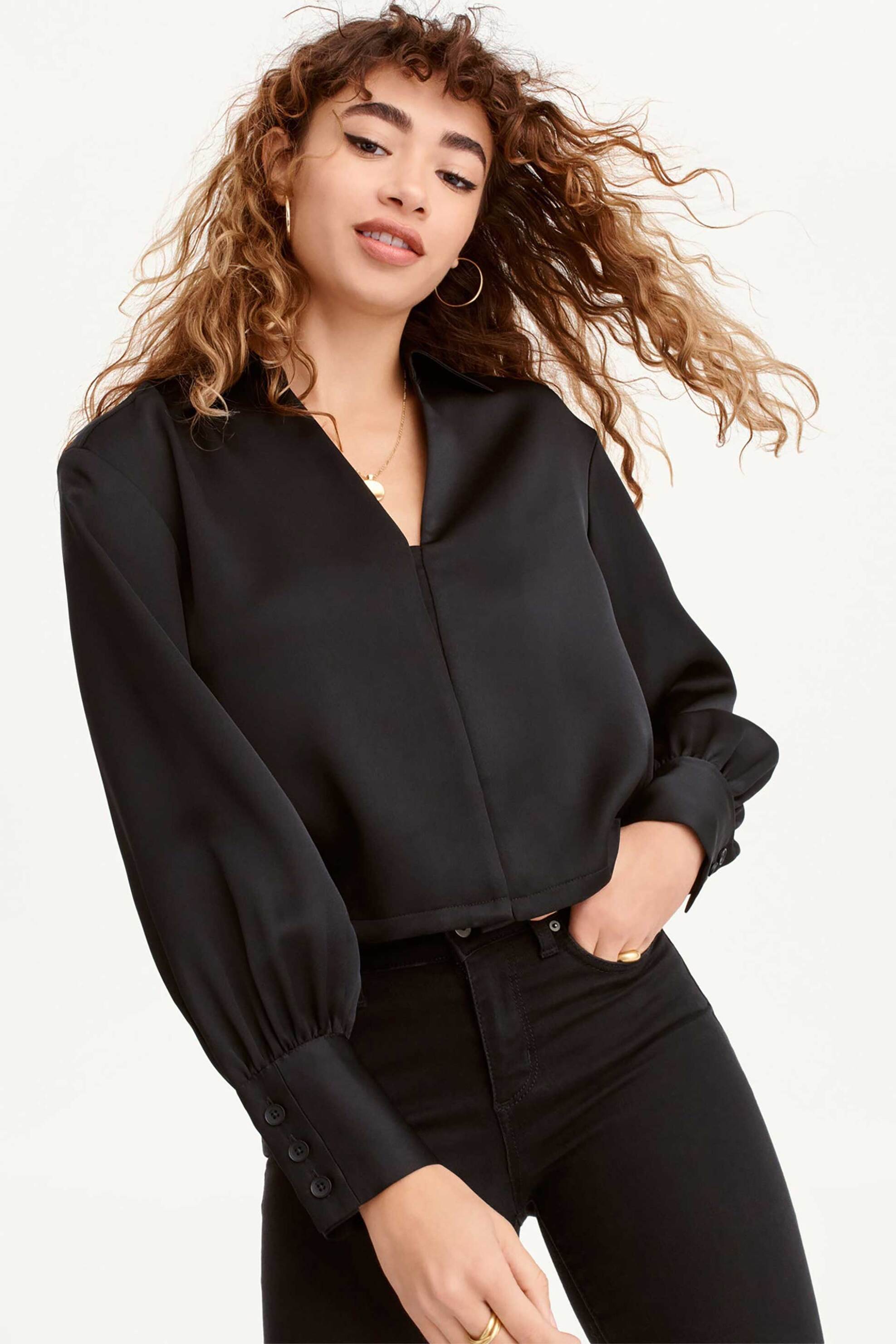 DKNY γυναικεία σατέν μπλούζα με balloon μανίκι - P3AANQA9 Μαύρο
