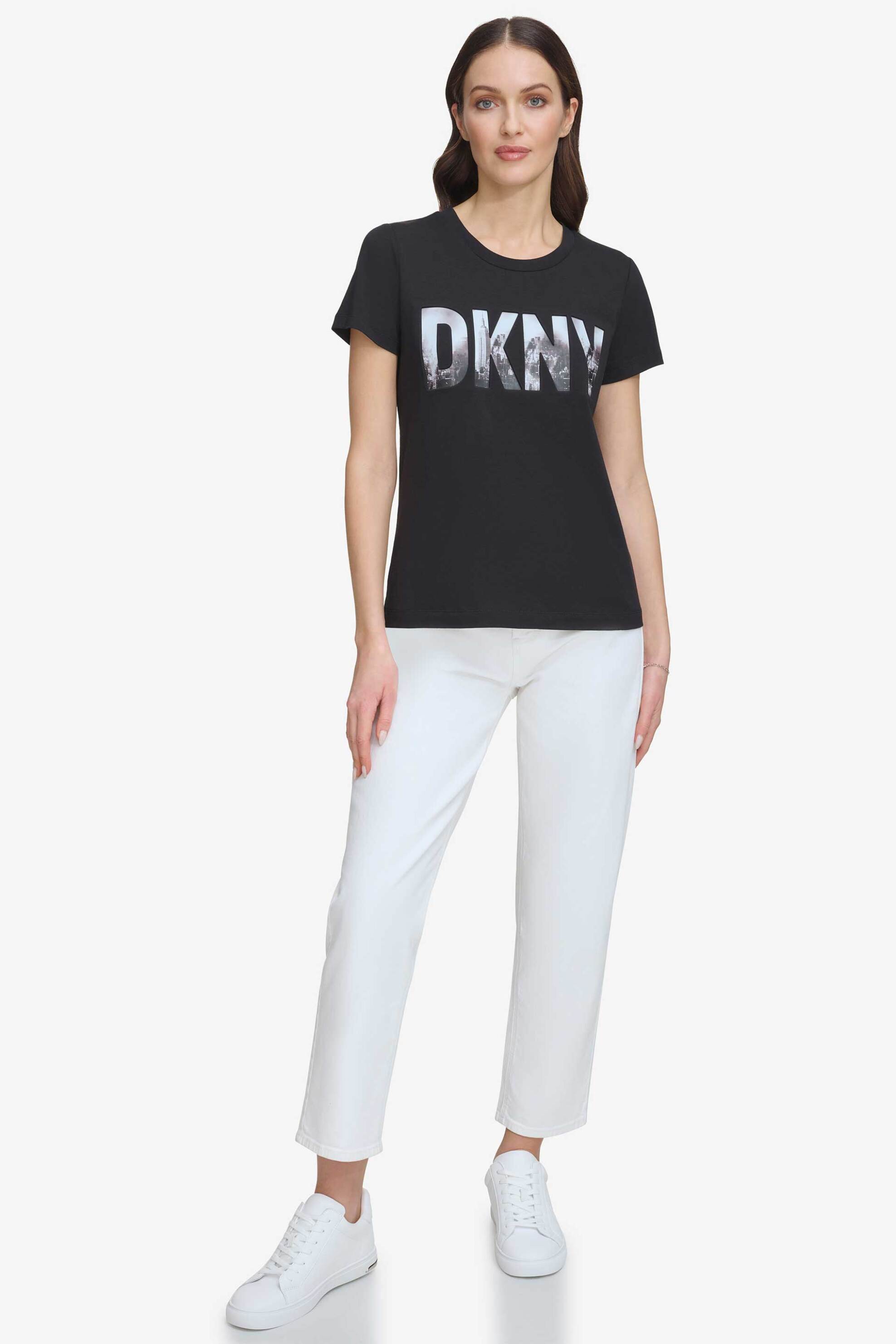 DKNY γυναικείο βαμβακερό T-shirt μονόχρωμο με logo print - P4AHUWNA Μαύρο