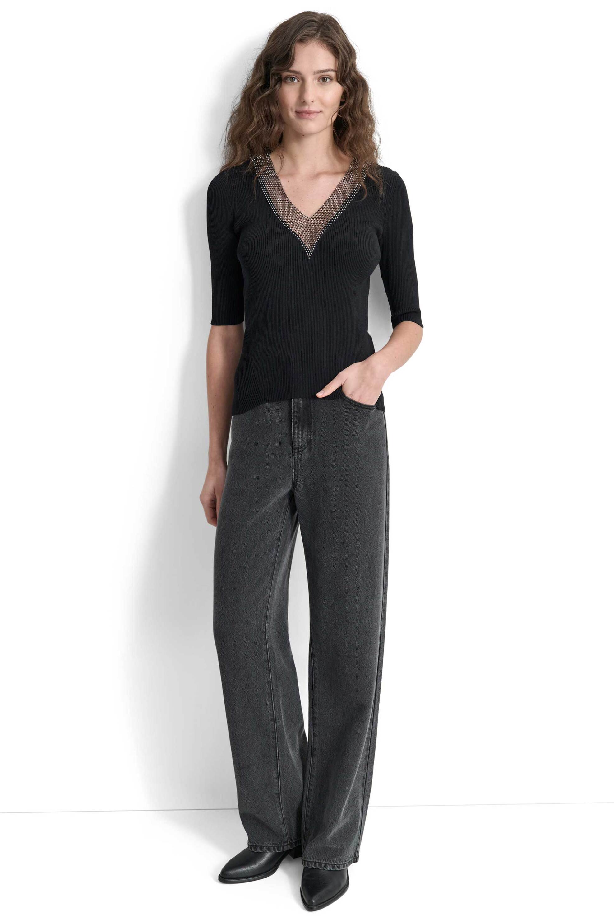 DKNY γυναικεία μπλούζα ribbed με στρας - P4JSAT69 Μαύρο