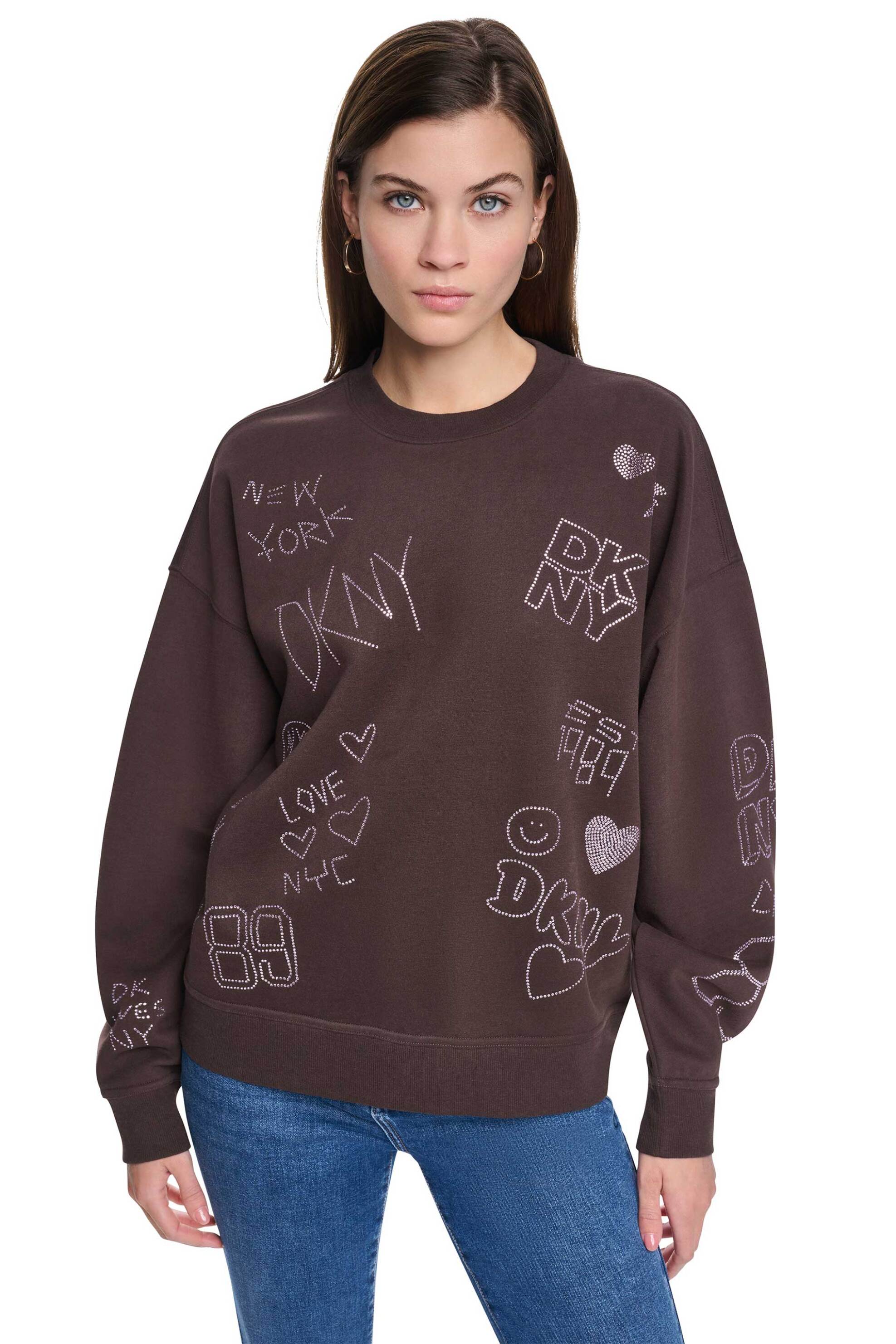 DKNY γυναικεία μπλούζα φούτερ με print - DJ6T1840 Καφέ Σκούρο