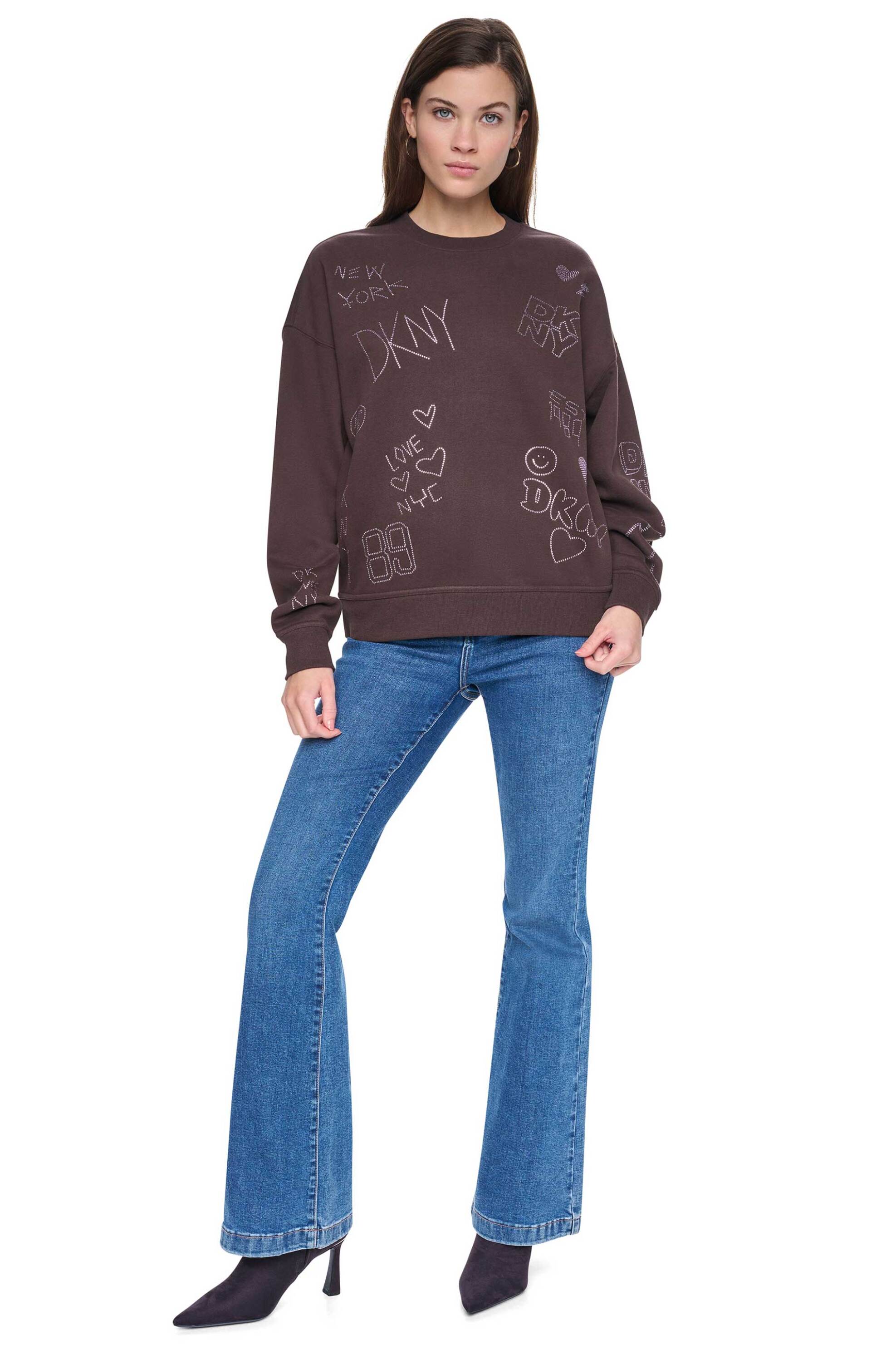 DKNY γυναικεία μπλούζα φούτερ με print - DJ6T1840 Καφέ Σκούρο