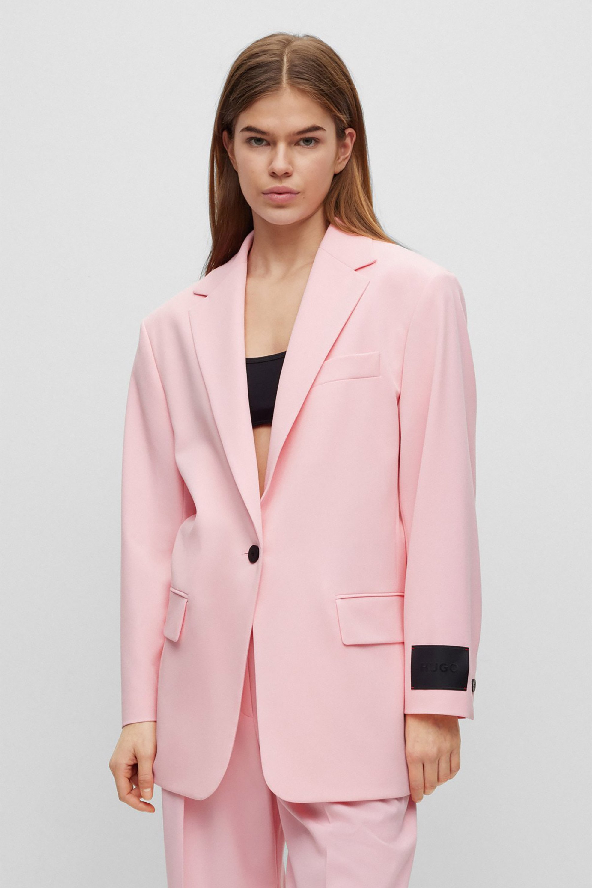 HUGO Hugo Boss γυναικείο σακάκι oversized με ένα κουμπί και logo στο μανίκι "Longline Asabella" - 50489257 Ροζ Ανοιχτό