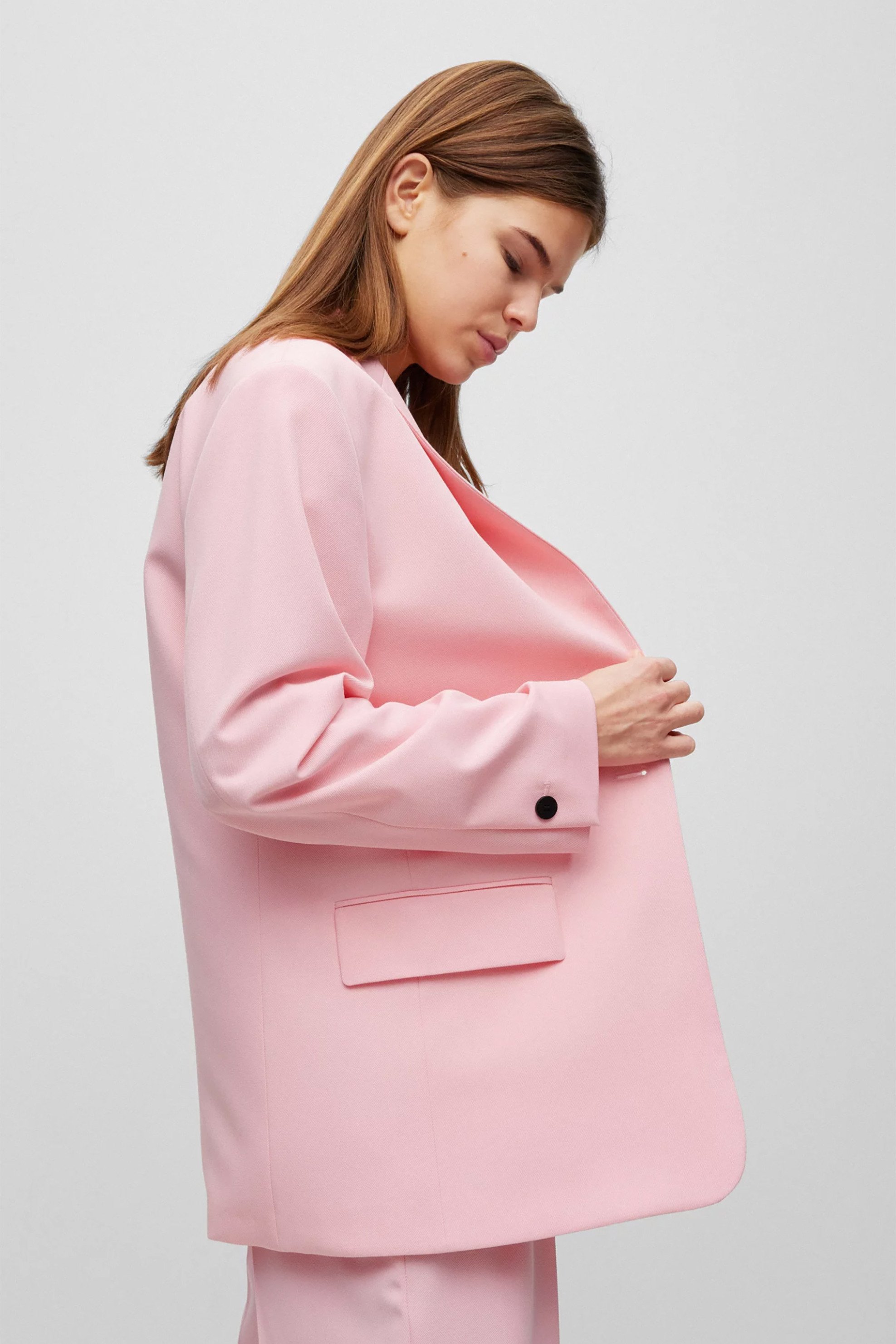 HUGO Hugo Boss γυναικείο σακάκι oversized με ένα κουμπί και logo στο μανίκι "Longline Asabella" - 50489257 Ροζ Ανοιχτό - 2