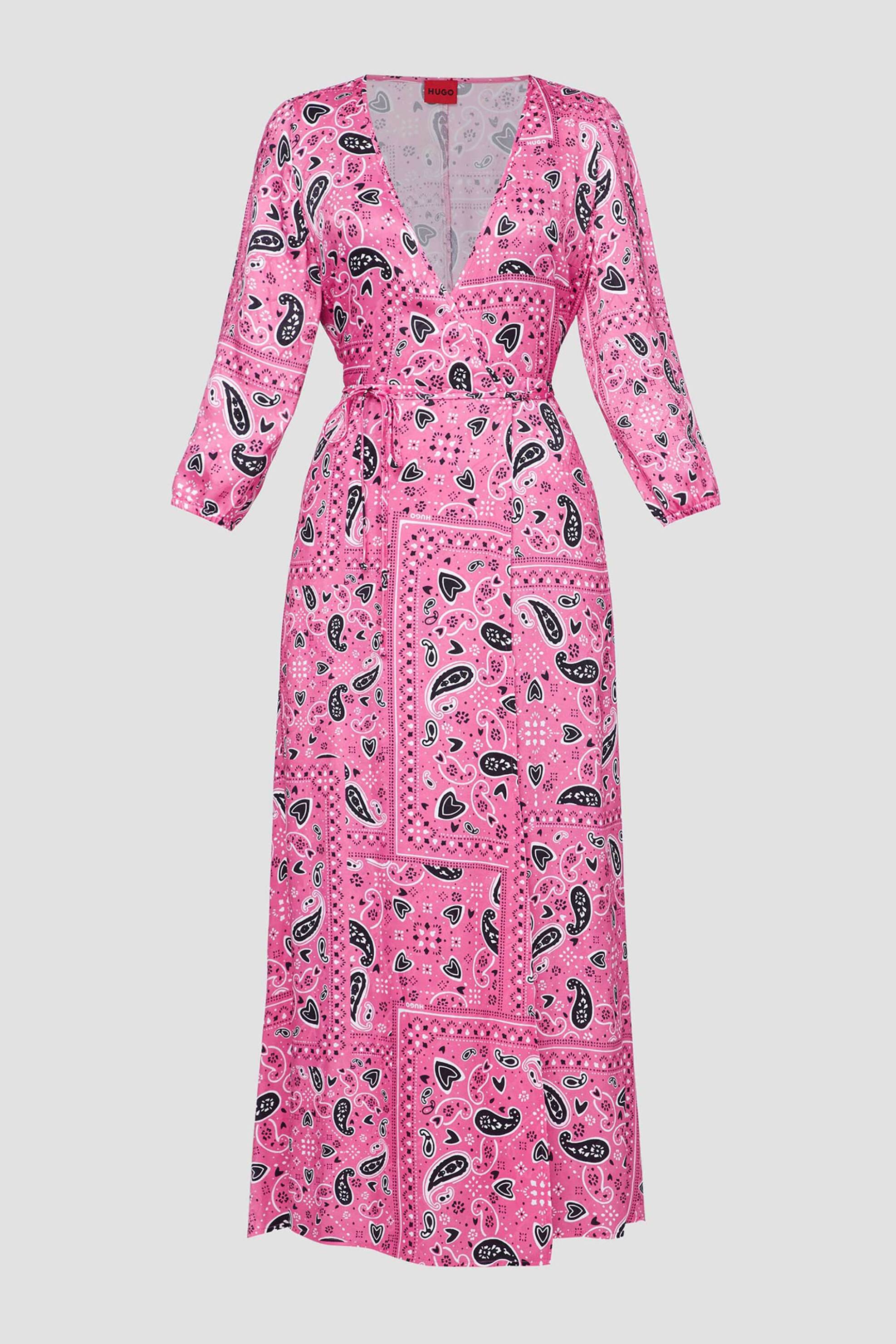 HUGO Hugo Boss γυναικείο midi φόρεμα με V λαιμόκοψη και all-over geometrical print "Karone" - 50489973 Ροζ