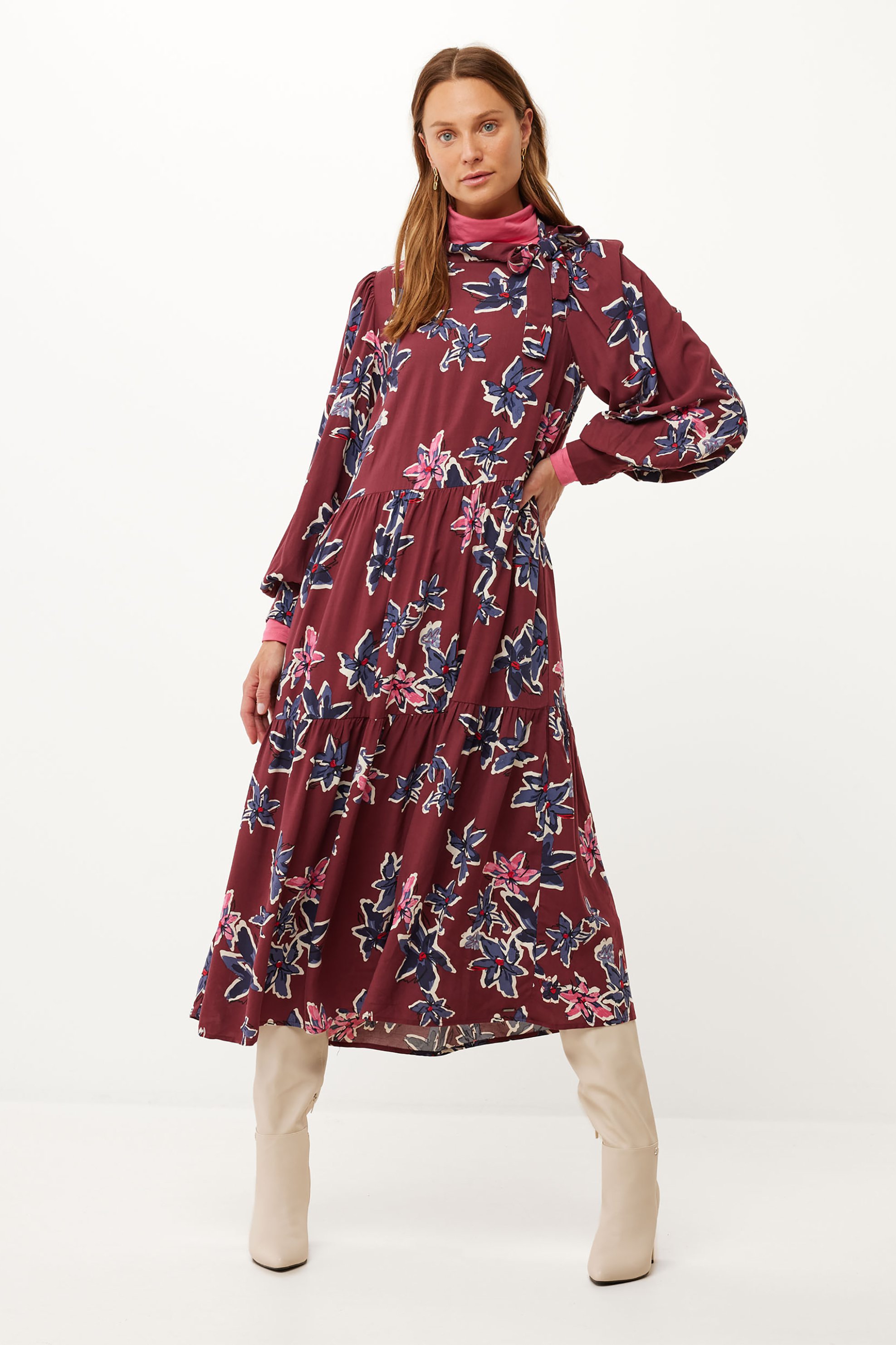 Mexx γυναικείο midi φόρεμα με floral print A line - XC0613026W Μπορντό