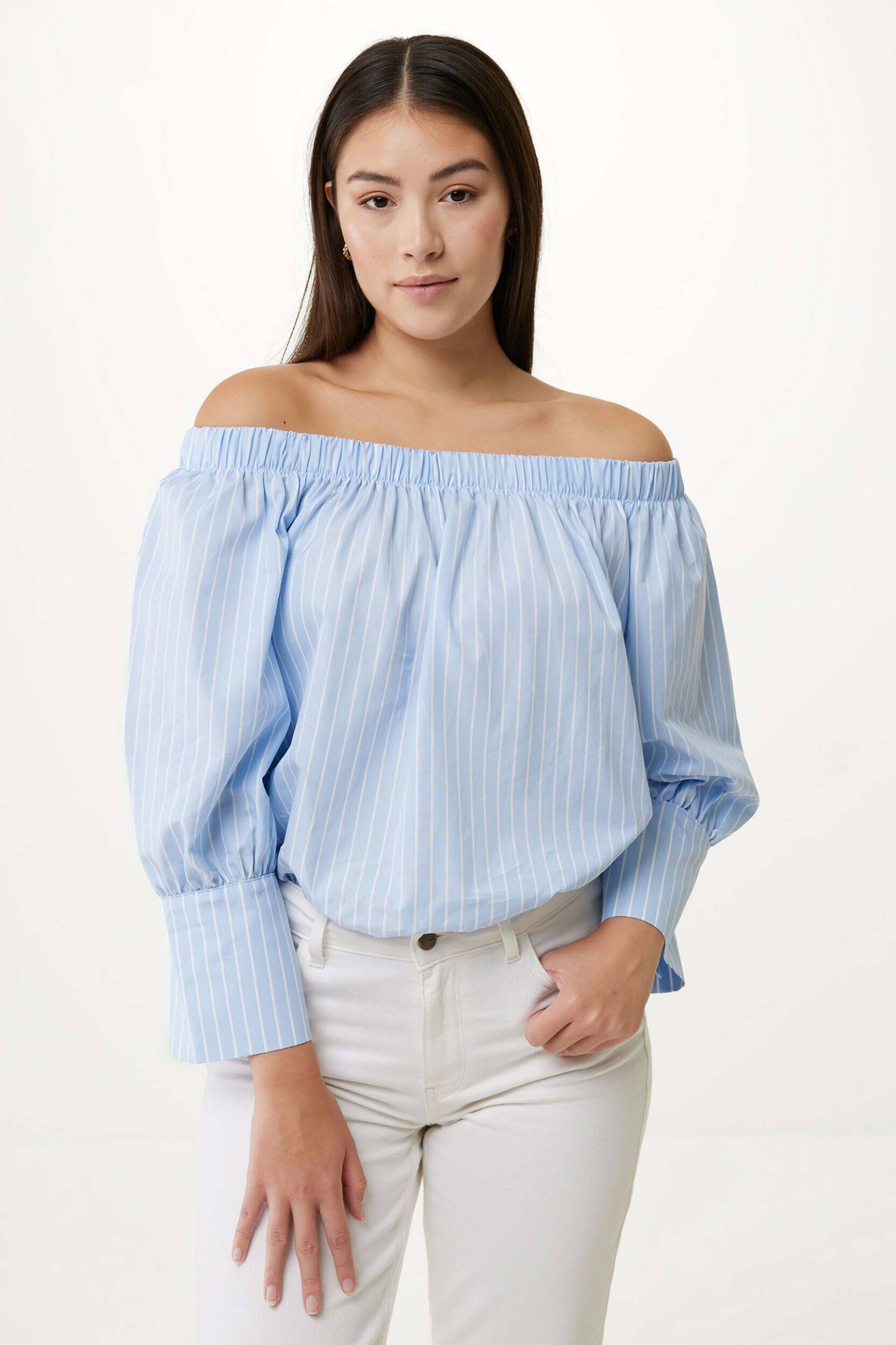 Mexx γυναικεία ριγέ μπλούζα Off Shoulder - CF0431033W Denim Blue Ανοιχτό