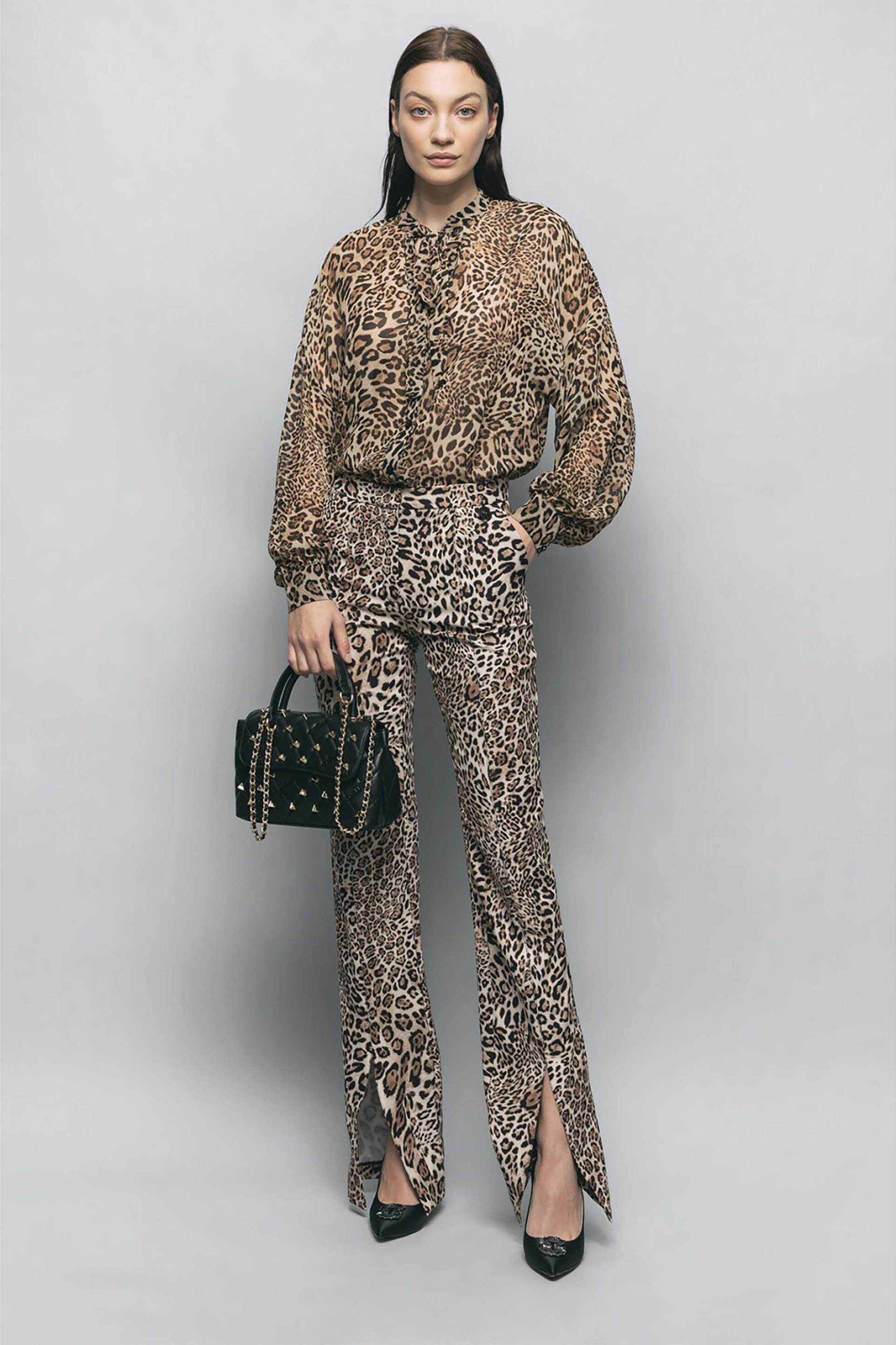 GAELLE Gaelle γυναικείο παντελόνι animal print με ανοίγματα - GBDP16565 Καφέ