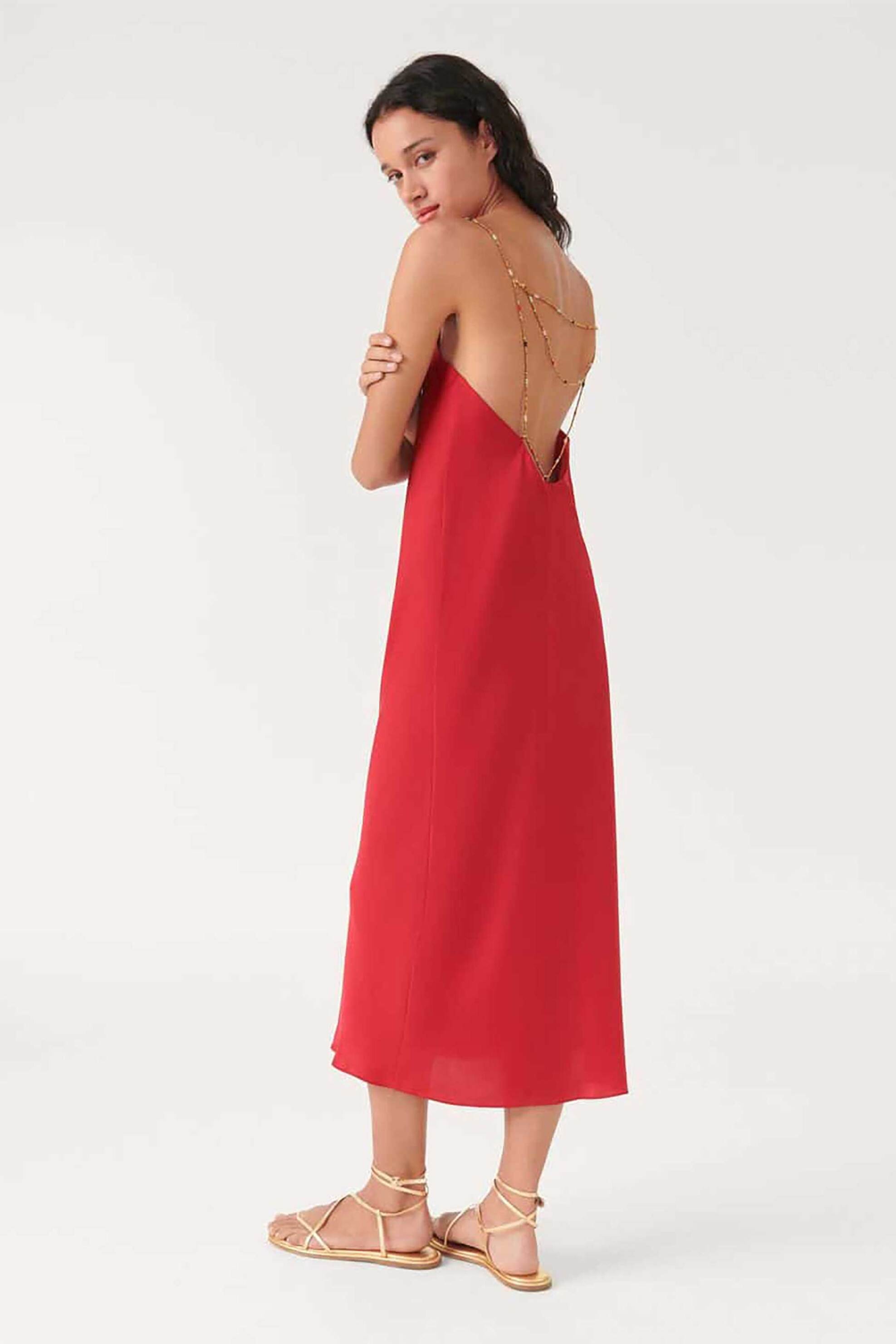 BA&SH ba&sh γυναικείο midi φόρεμα slip-on μονόχρωμο με χάντρες στις τιράντες "Carline" - 1E23CARL Κόκκινο - 3