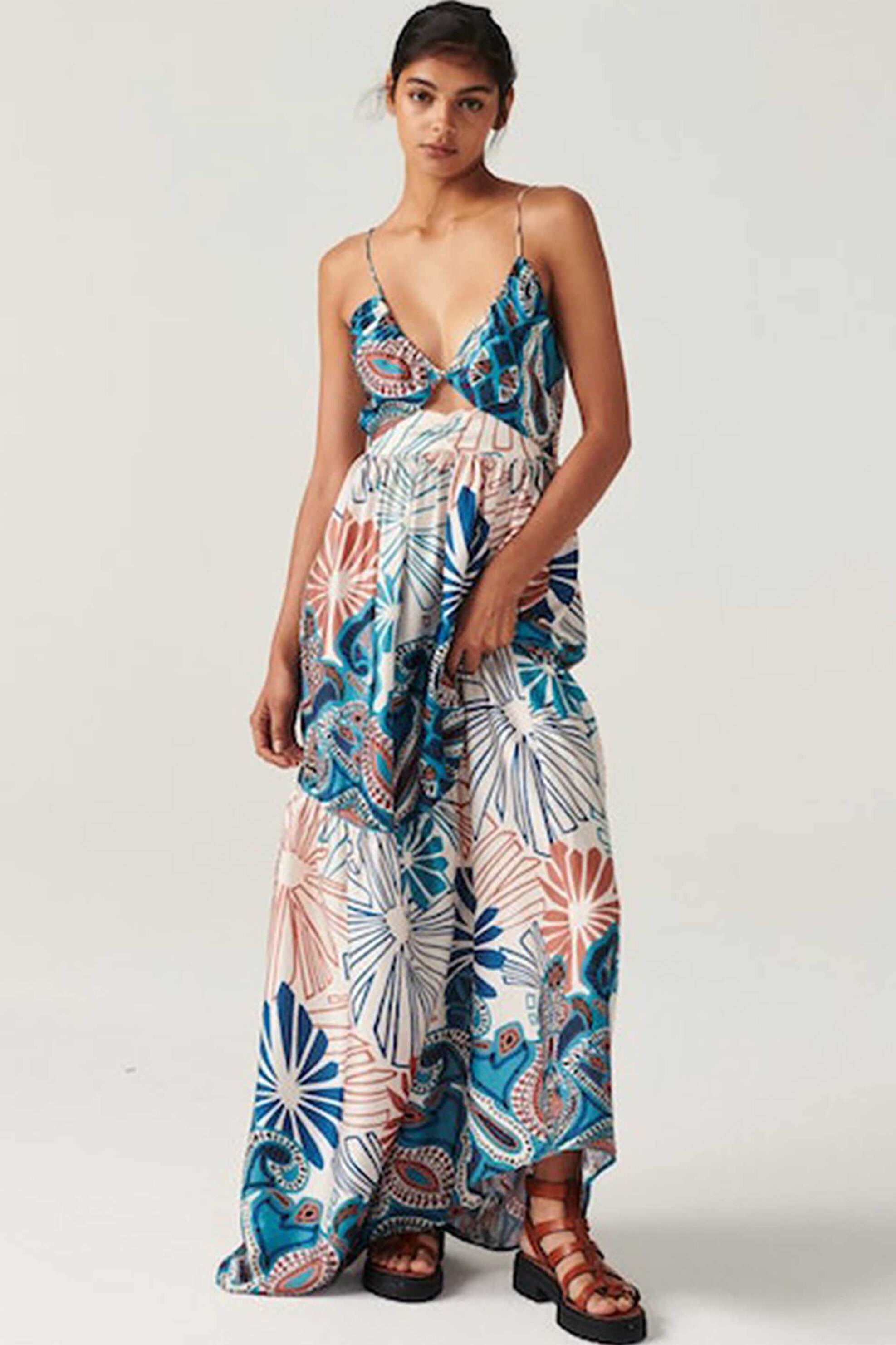 BA&SH ba&sh γυναικείο maxi φόρεμα με all-over colorful print και cut-out λεπτομέρεια μπροστά "Joyce" - 1E23JOYC Τυρκουάζ