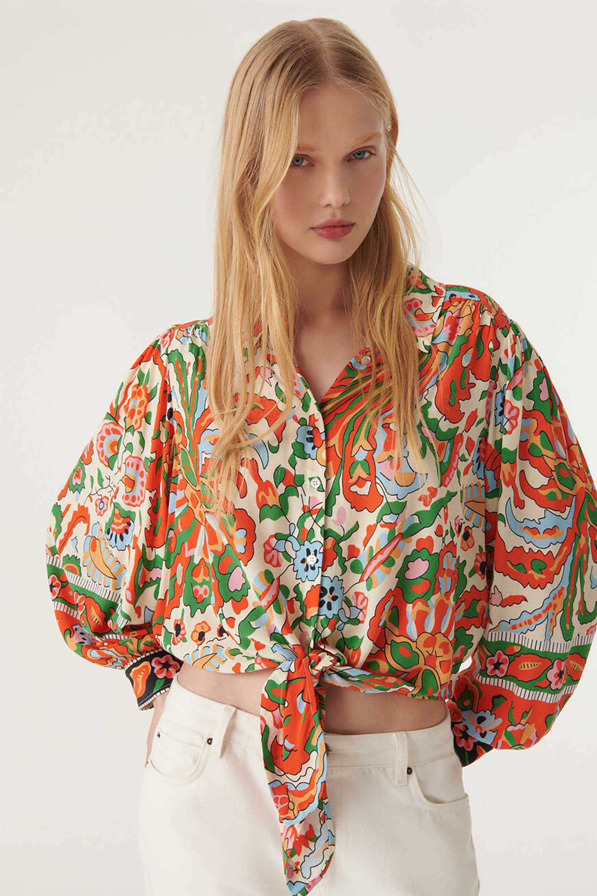 ba&sh γυναικείο πουκάμισο με all-over retro pattern και φιόγκο μπροστά 