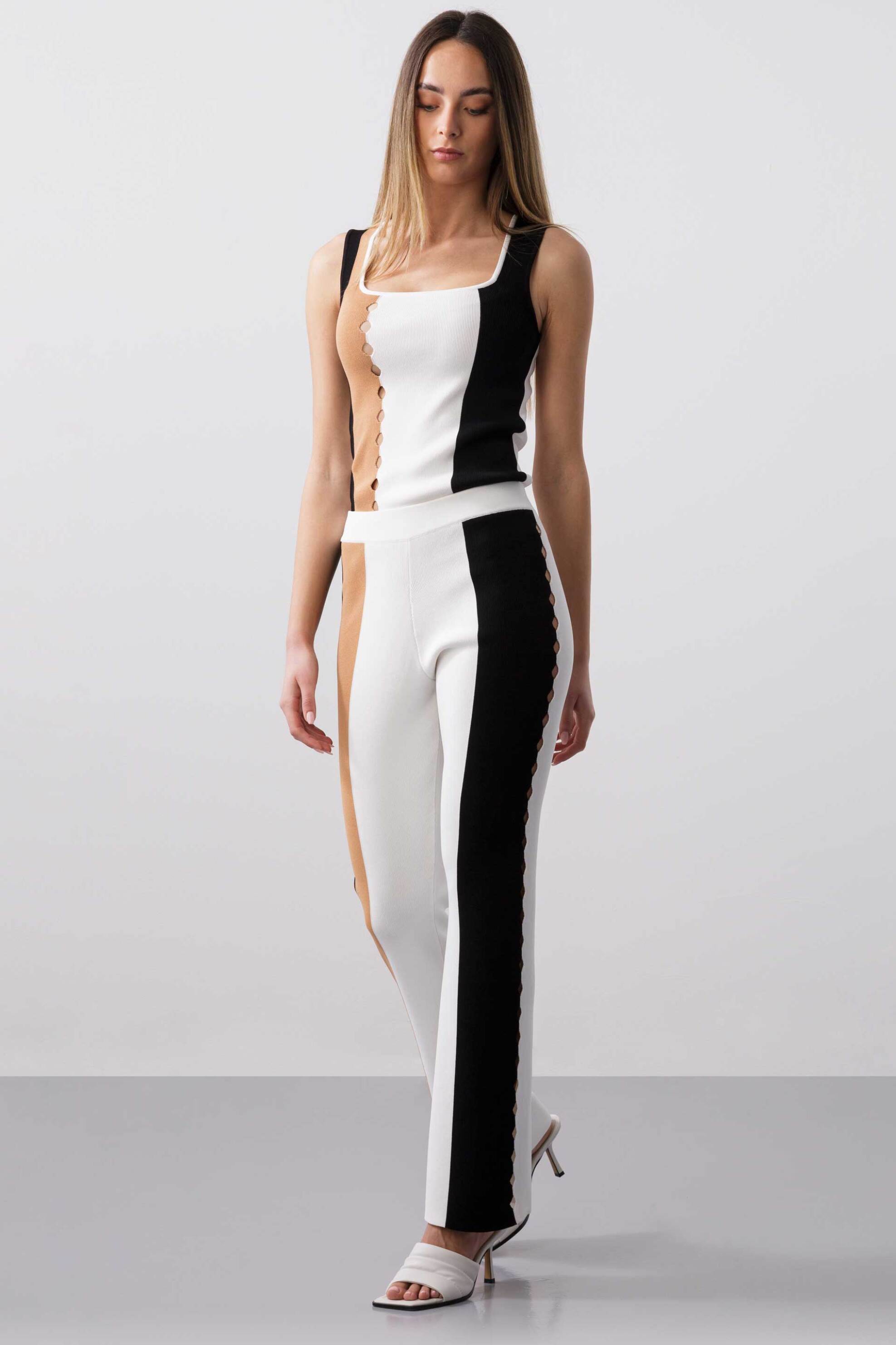 BCBGMAXAZRIA BCBGMAXAZRIA γυναικείο πλεκτό παντελόνι με διάτρητο γεωμετρικό σχέδιο και color block - 23SKP162KN14 Μπεζ