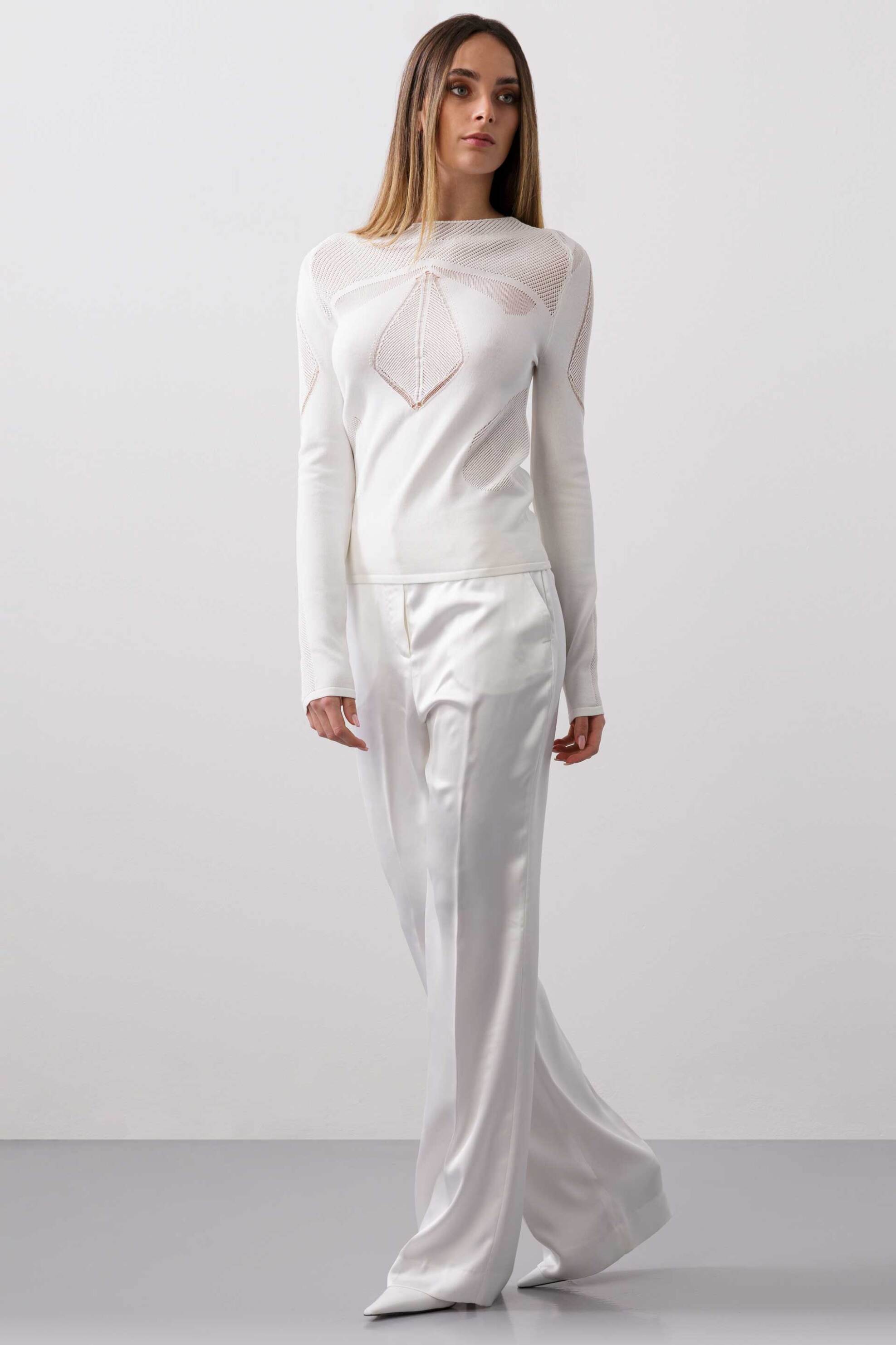 BCBGMAXAZRIA BCBGMAXAZRIA γυναικεία πλεκτή μπλούζα με διάτρητο σχέδιο - 23SKT118KN02 Λευκό