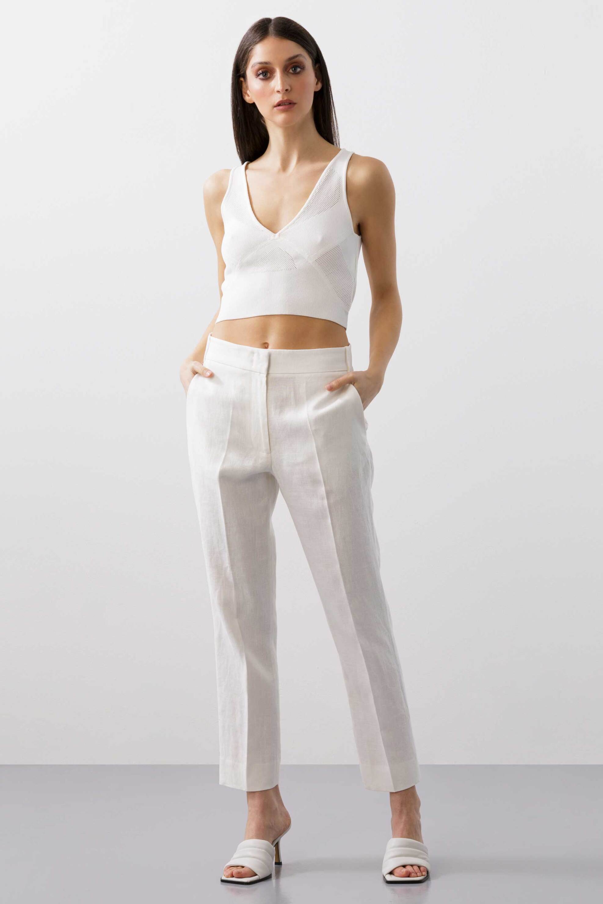 BCBGMAXAZRIA BCBGMAXAZRIA γυναικείο cigarette παντελόνι λινό - 23SRP106LI03 Λευκό