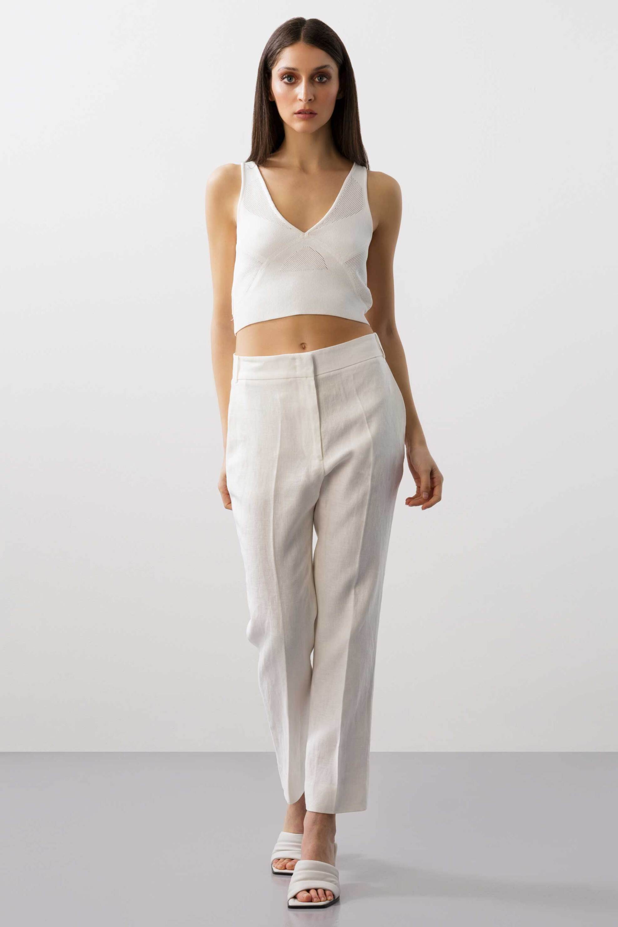 BCBGMAXAZRIA BCBGMAXAZRIA γυναικείο cigarette παντελόνι λινό - 23SRP106LI03 Λευκό - 3
