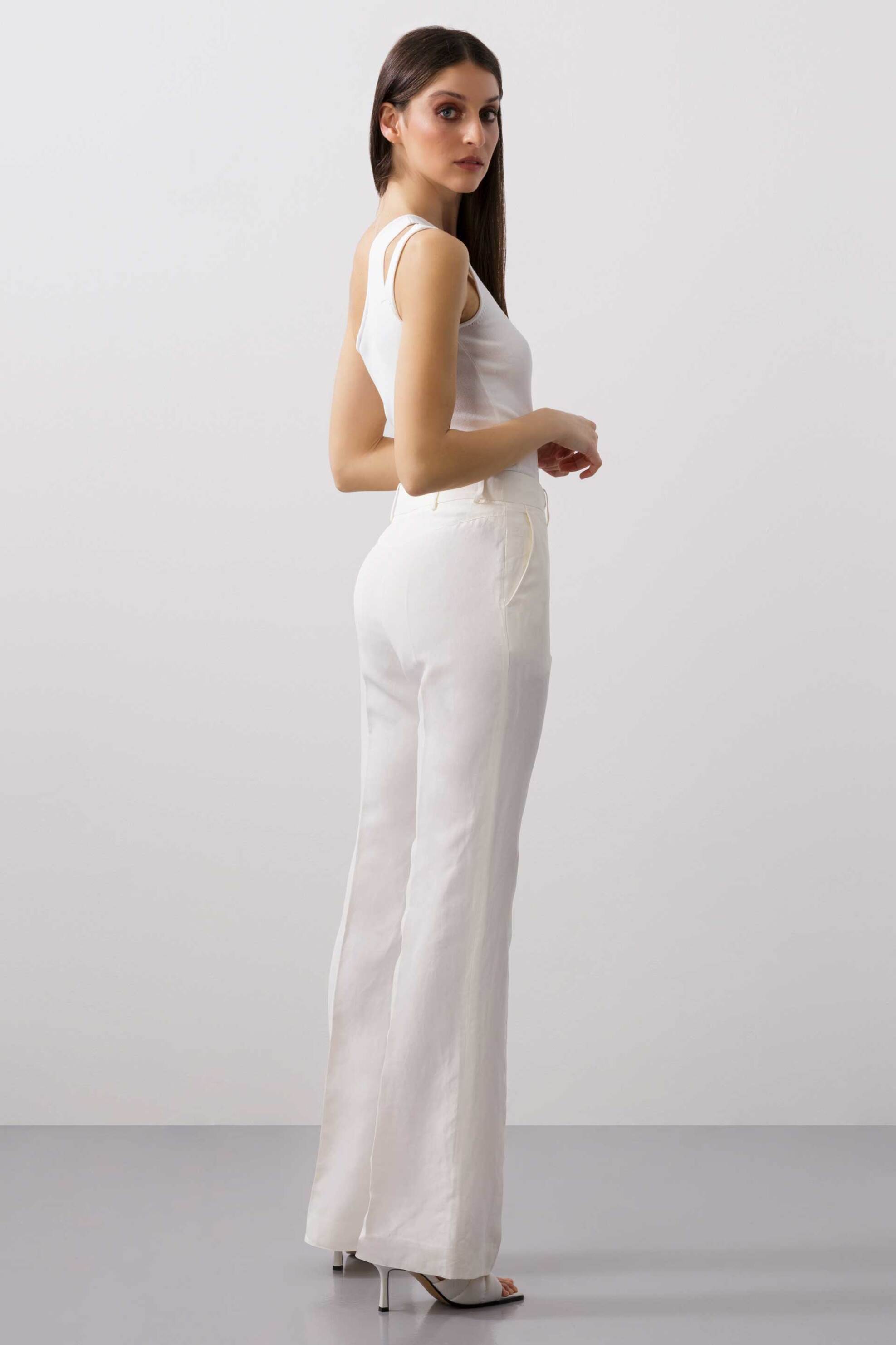 BCBGMAXAZRIA BCBGMAXAZRIA γυναικείο παντελόνι flare με λινό - 23SRP216LI02 Λευκό - 3