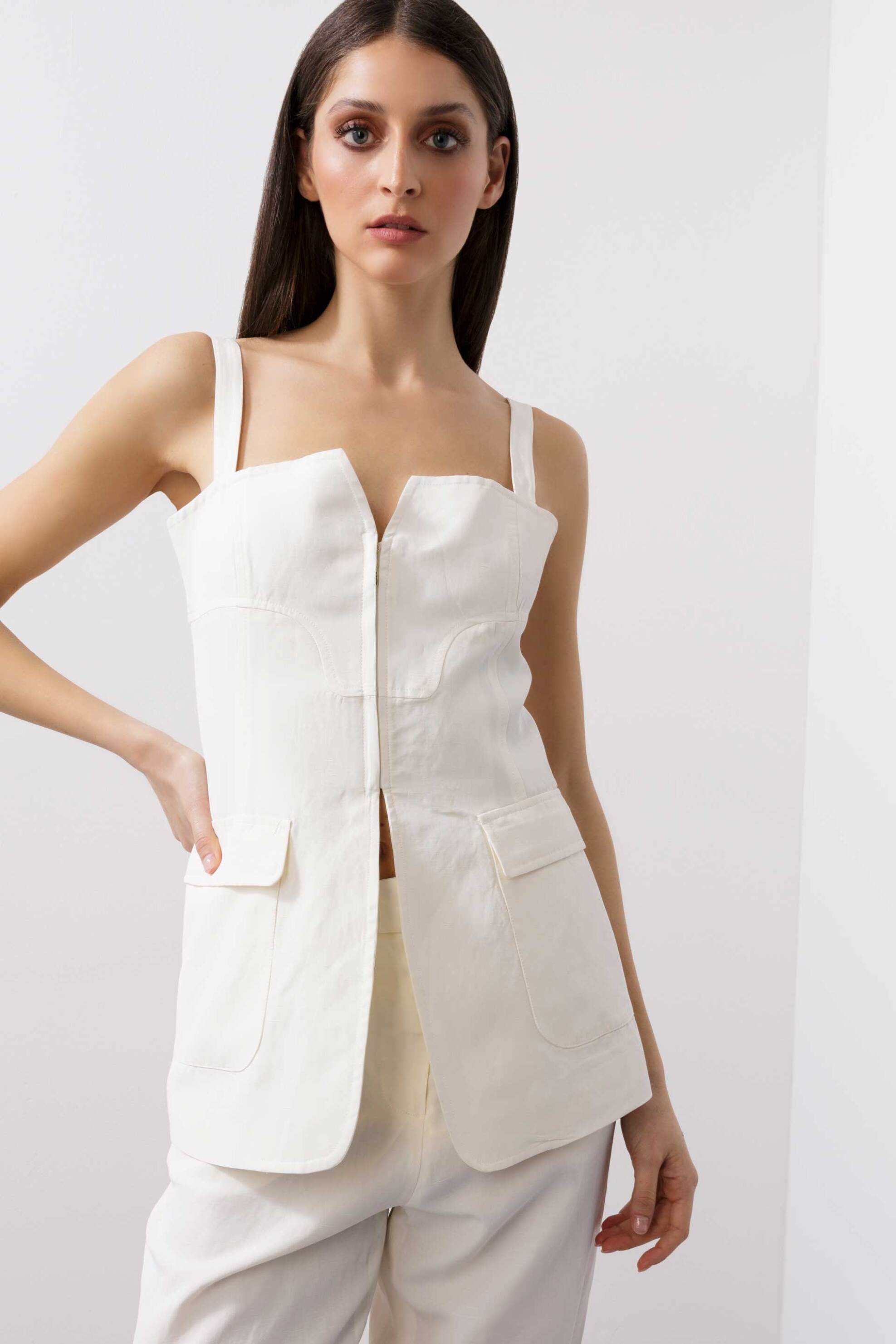 BCBGMAXAZRIA γυναικείο τοπ με τσέπες και τιράντες - 23SRT201LI02 Λευκό φωτογραφία