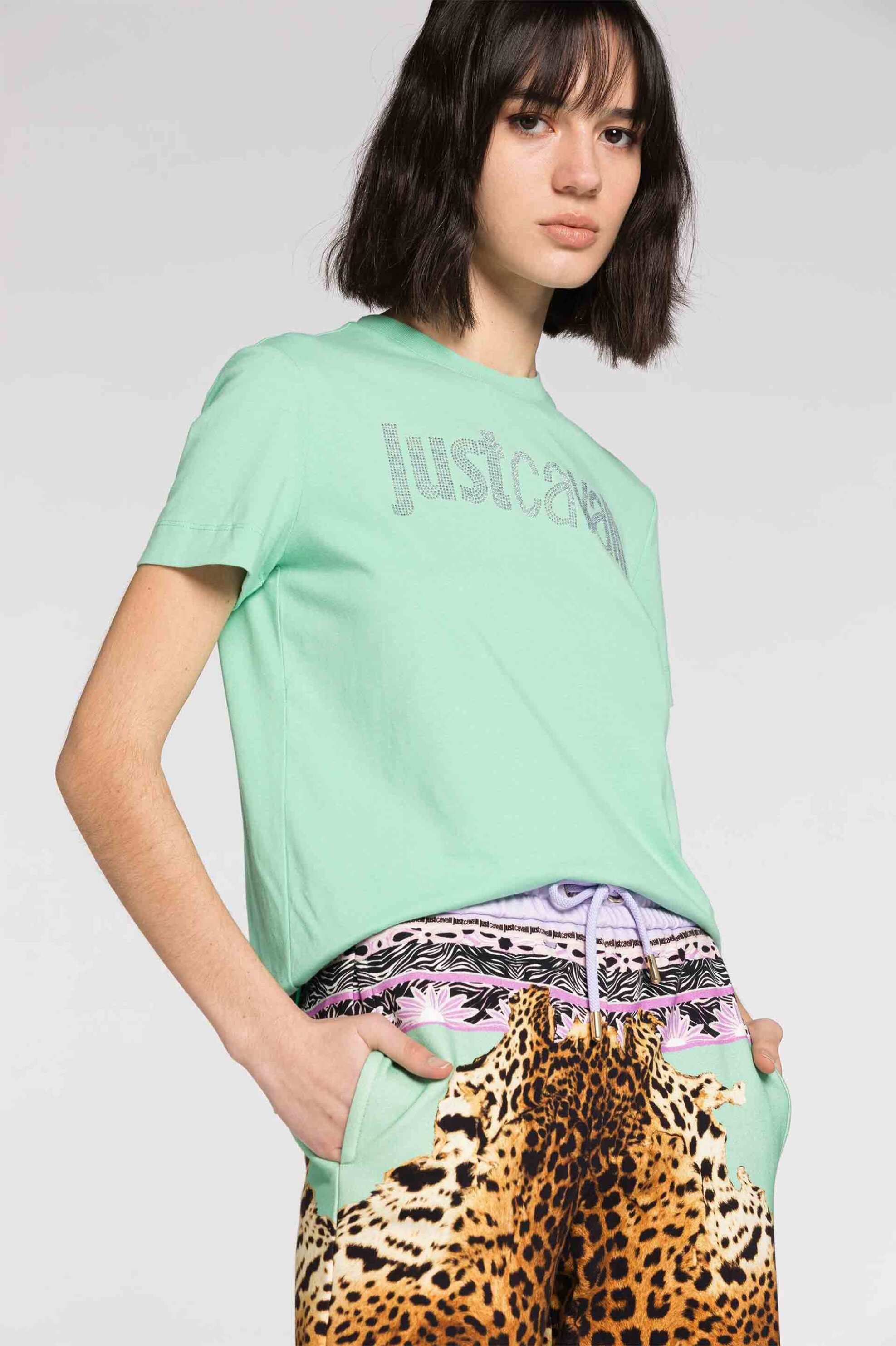 Just Cavalli γυναικείο βαμβακερό T-shirt μονόχρωμο με λογότυπο με rhinestones - 74PBHE01CJ110 Πράσινο Μέντας