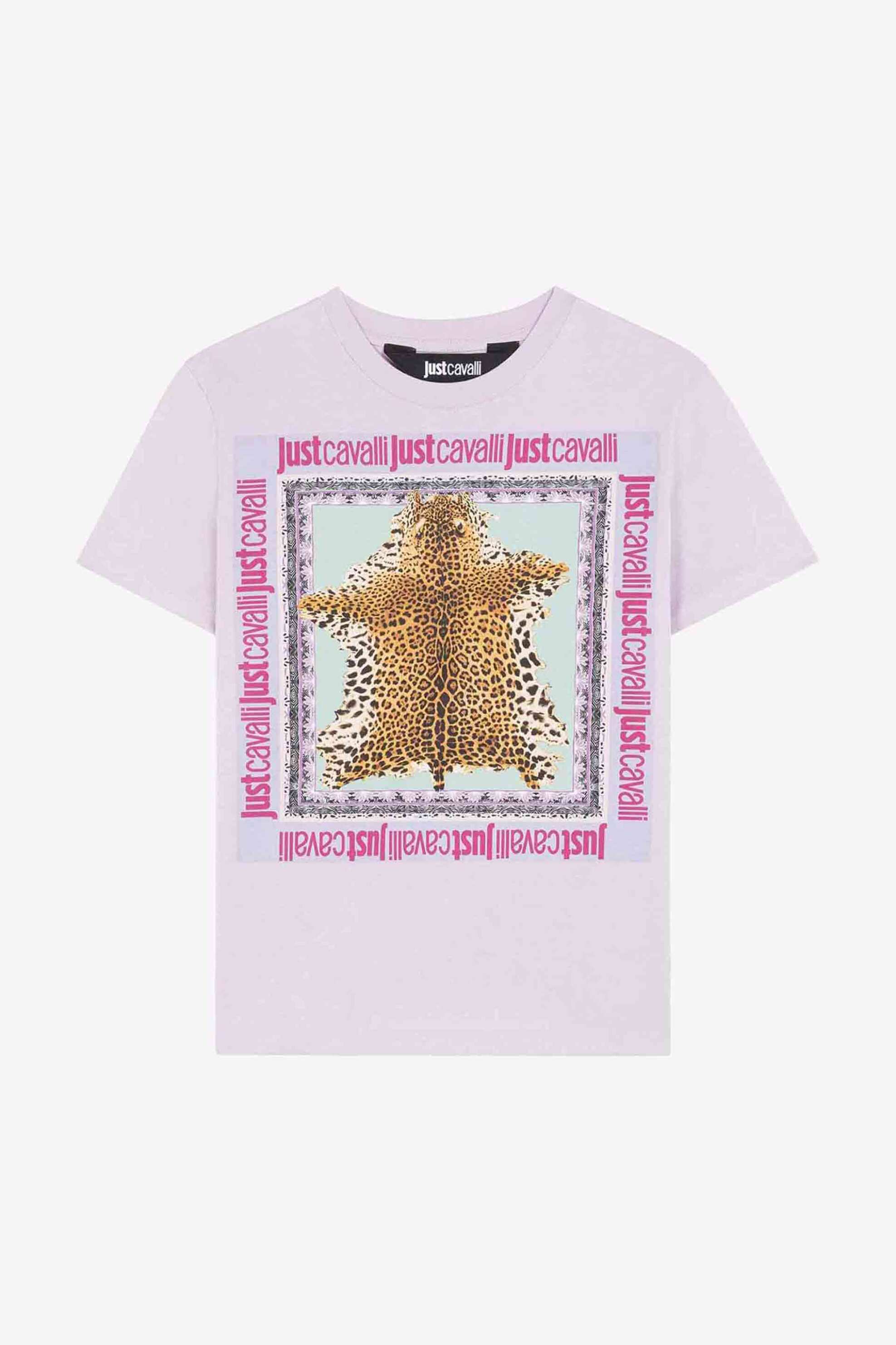 JUST CAVALLI Just Cavalli γυναικείο βαμβακερό T-shirt με jaguar and logo print μπροστά - 74PBHF09CJ200 Λιλά - 4