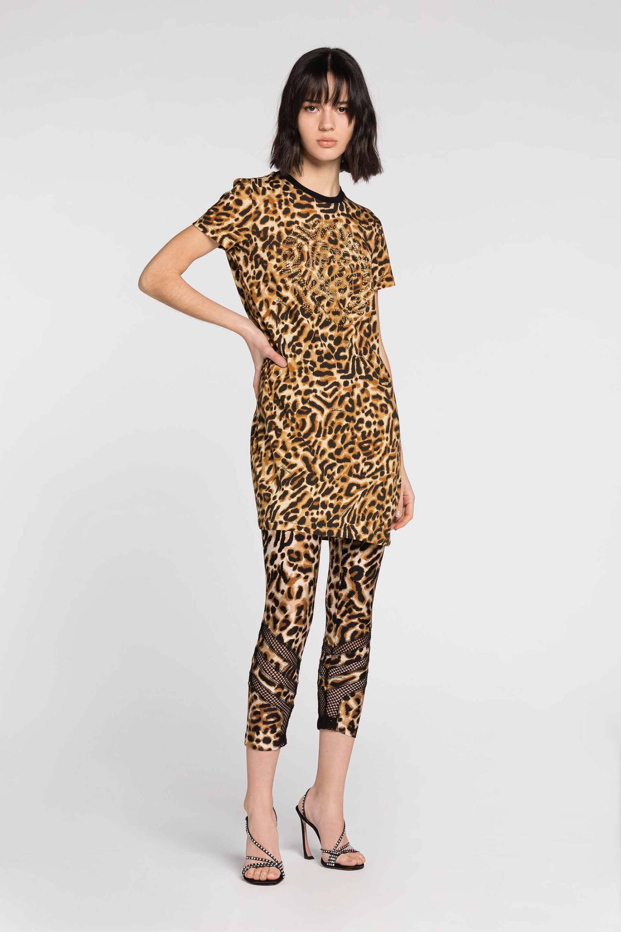 JUST CAVALLI Just Cavalli γυναικείο mini βαμβακερό φόρεμα με all-over ocelot print και σχέδιο με rhinestones - 74PBO9B5JS194 Καφέ